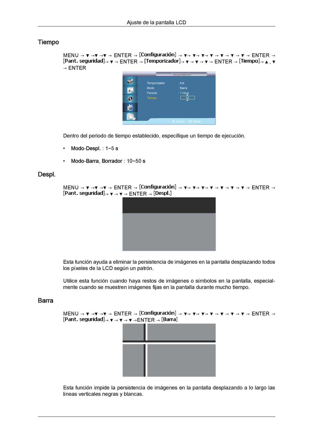 Samsung LH40BVPLBF/EN, LH46BVPLBF/EN, LH40BVTLBC/EN, LH46BVTLBC/EN manual Modo-Despl ~5 s Modo-Barra,Borrador 10~50 s 