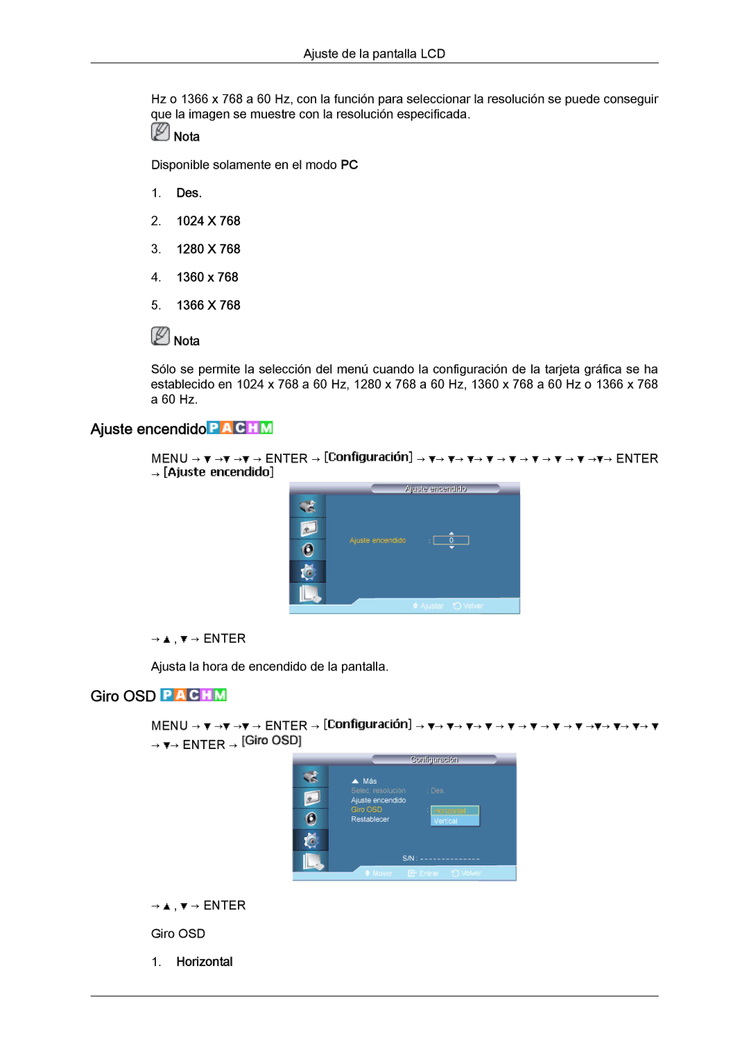 Samsung LH46BVPLBF/EN, LH40BVTLBC/EN manual Ajuste encendido, Giro OSD, Des 1024 X 1280 X 1360 x 1366 X Nota, Horizontal 