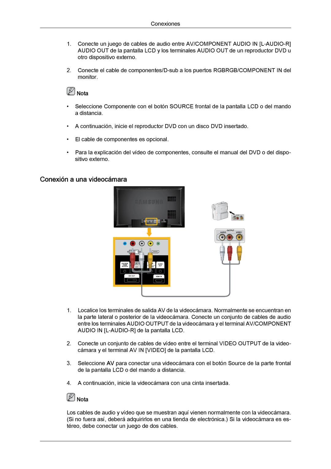 Samsung LH40BVPLBF/EN, LH46BVPLBF/EN, LH40BVTLBC/EN, LH46BVTLBC/EN manual Conexión a una videocámara 