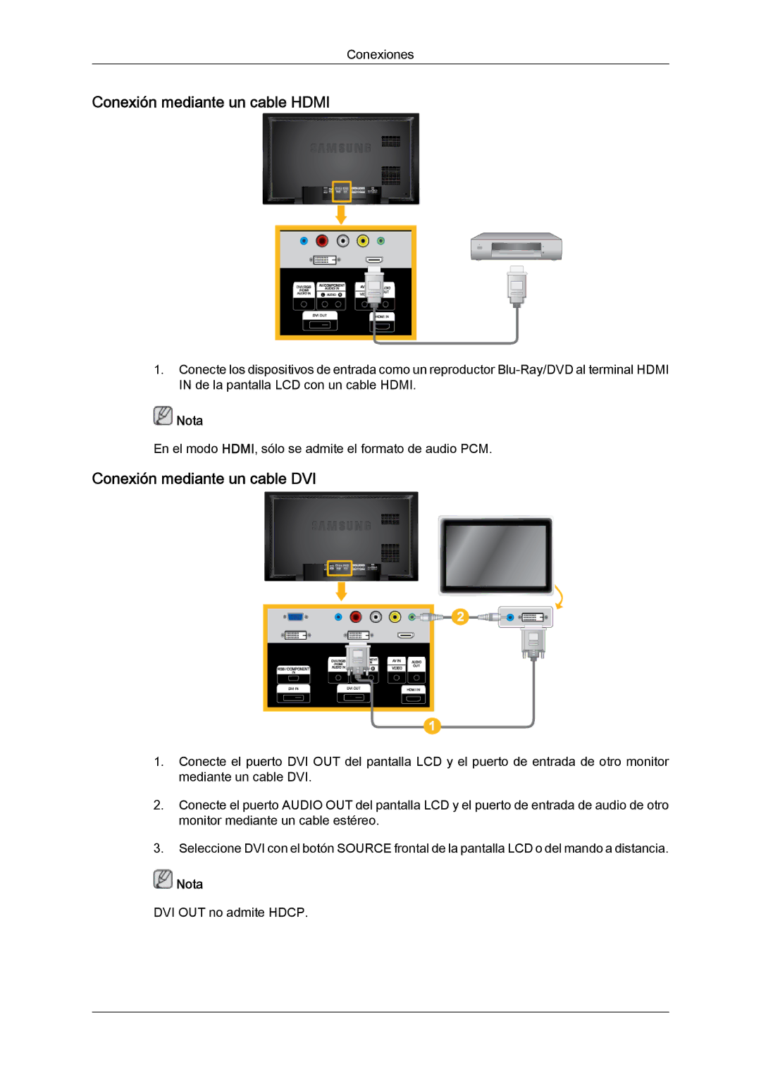 Samsung LH46BVTLBC/EN, LH46BVPLBF/EN, LH40BVTLBC/EN manual Conexión mediante un cable Hdmi, Conexión mediante un cable DVI 