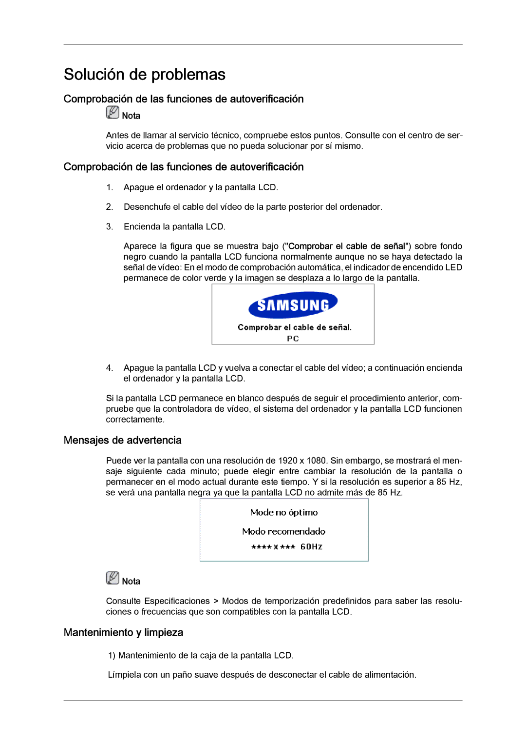 Samsung LH46BVPLBF/EN Comprobación de las funciones de autoverificación, Mensajes de advertencia, Mantenimiento y limpieza 