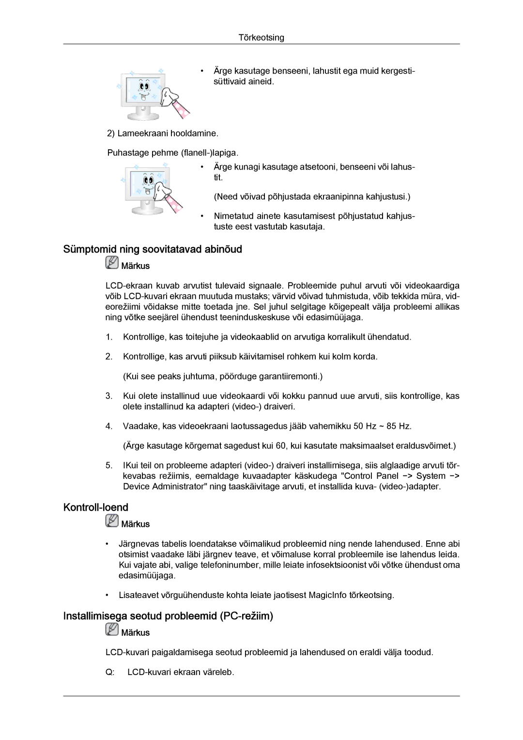 Samsung LH46BVPLBF/EN Sümptomid ning soovitatavad abinõud, Kontroll‐loend, Installimisega seotud probleemid PC‐režiim 