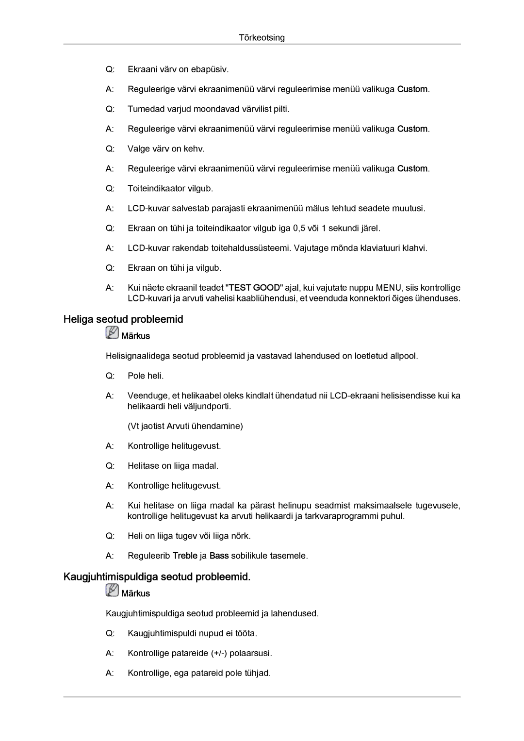 Samsung LH46BVPLBF/EN, LH40BVTLBC/EN manual Heliga seotud probleemid, Kaugjuhtimispuldiga seotud probleemid 