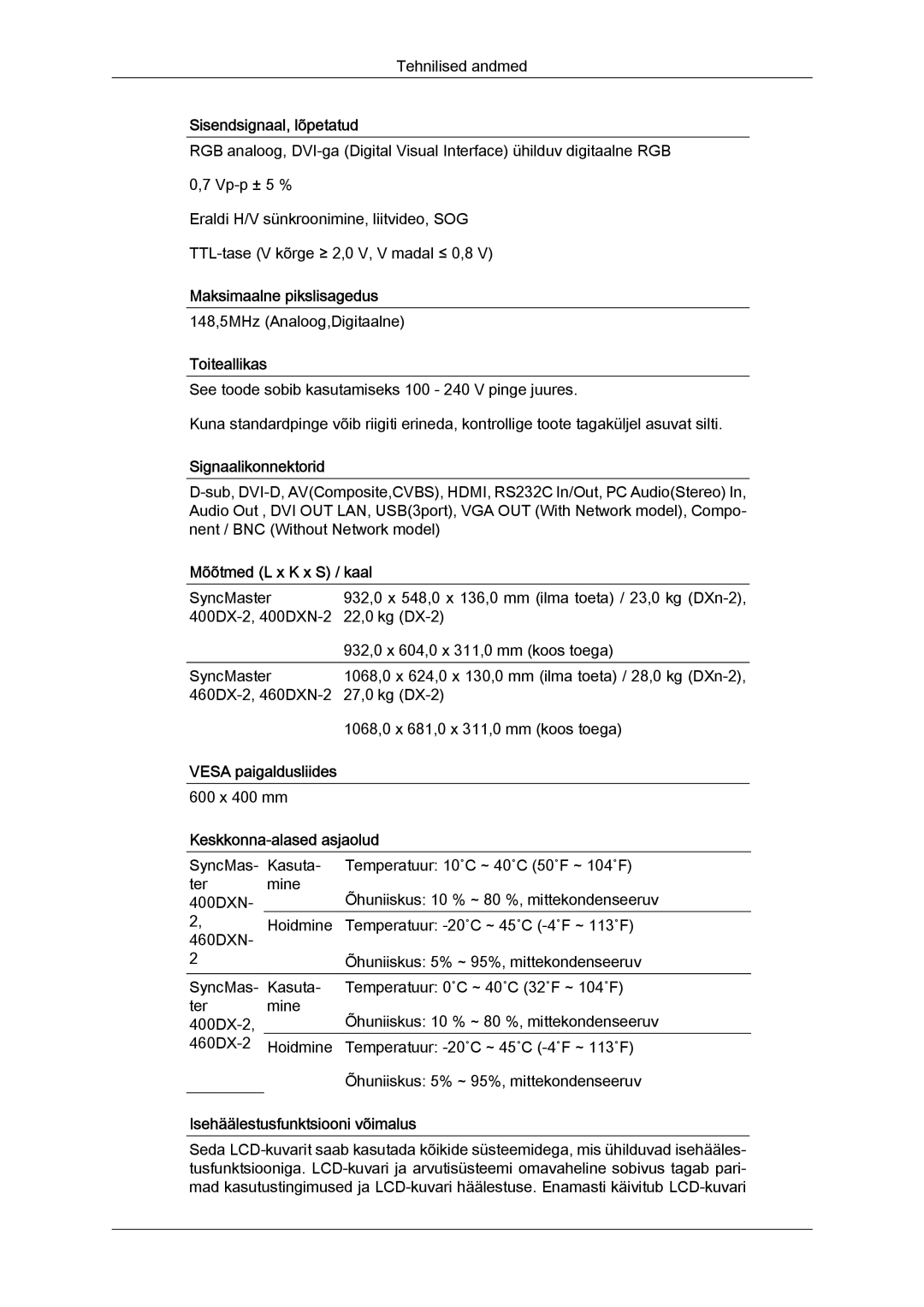 Samsung LH46BVPLBF/EN manual Sisendsignaal, lõpetatud, Maksimaalne pikslisagedus, Toiteallikas, Signaalikonnektorid 