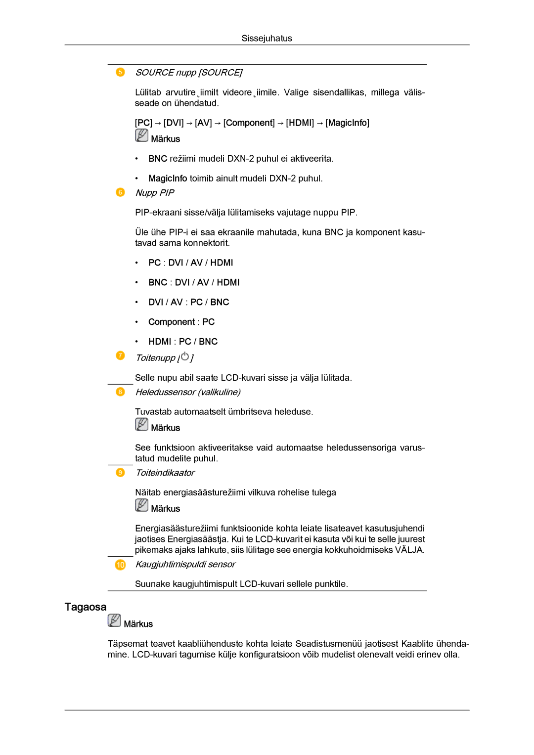 Samsung LH46BVPLBF/EN, LH40BVTLBC/EN manual Tagaosa, PC → DVI → AV → Component → Hdmi → MagicInfo Märkus, PC DVI / AV / Hdmi 