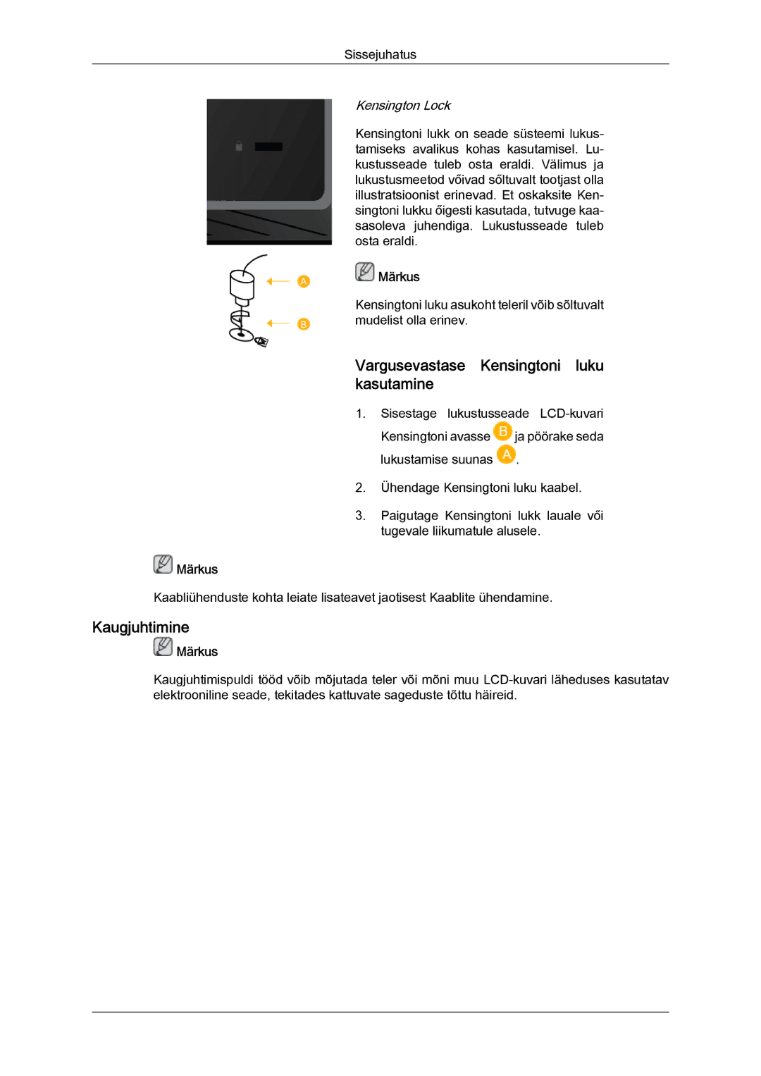 Samsung LH46BVPLBF/EN, LH40BVTLBC/EN manual Vargusevastase Kensingtoni luku kasutamine, Kaugjuhtimine 