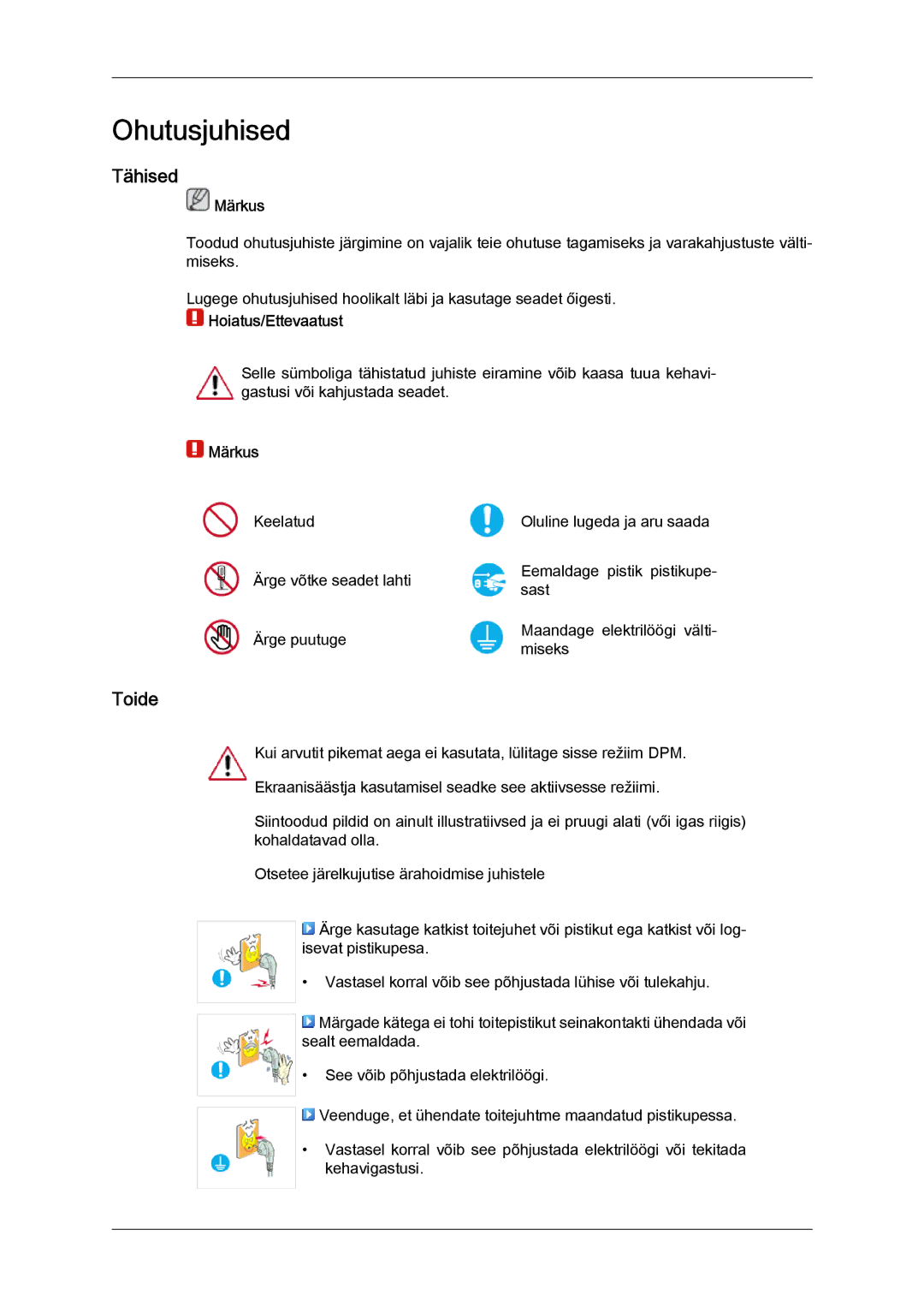 Samsung LH46BVPLBF/EN, LH40BVTLBC/EN manual Tähised, Toide, Märkus, Hoiatus/Ettevaatust 