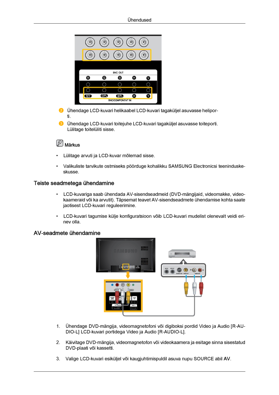 Samsung LH46BVPLBF/EN, LH40BVTLBC/EN manual Teiste seadmetega ühendamine, AV‐seadmete ühendamine 