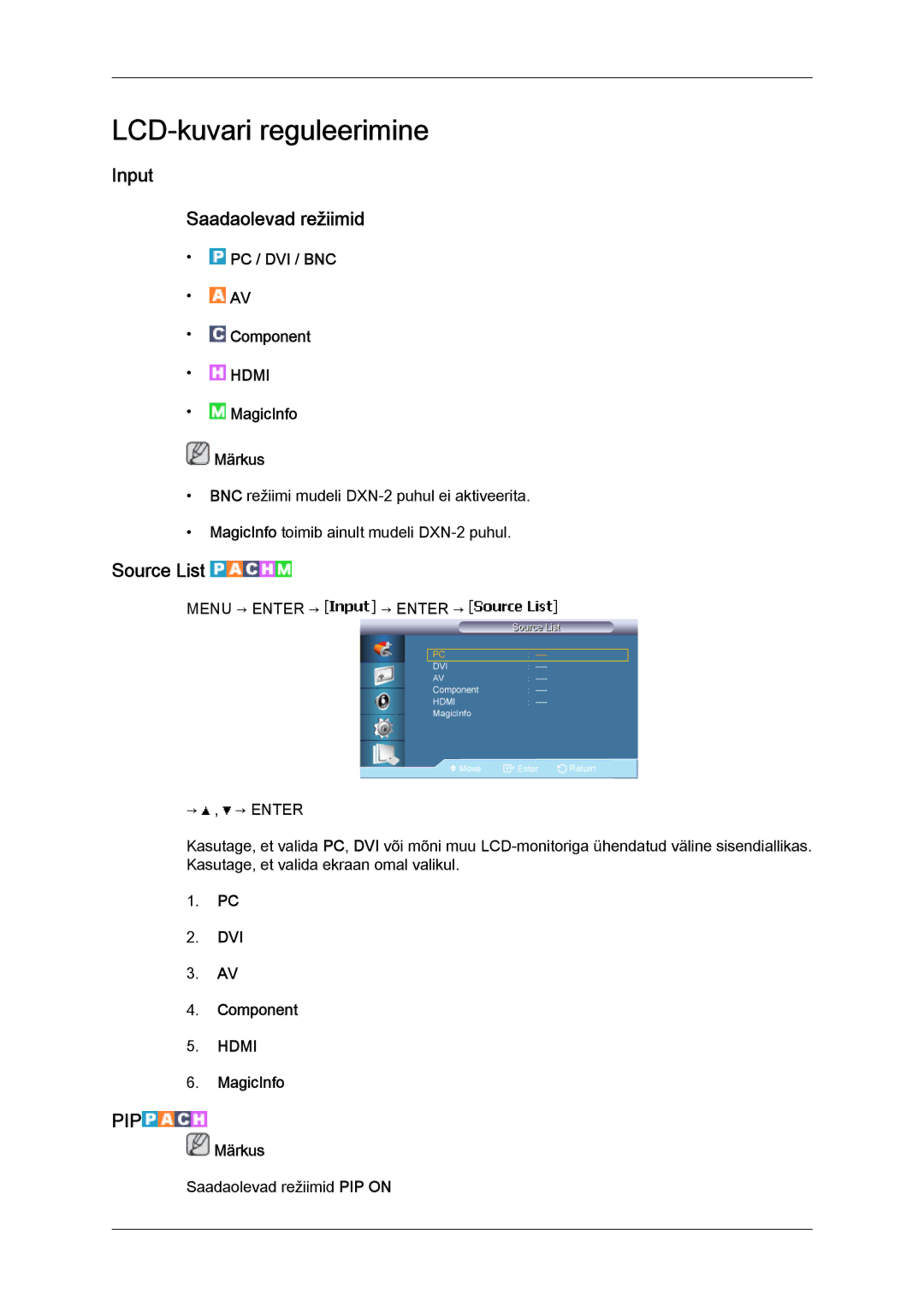 Samsung LH40BVTLBC/EN, LH46BVPLBF/EN manual Input Saadaolevad režiimid, Source List 