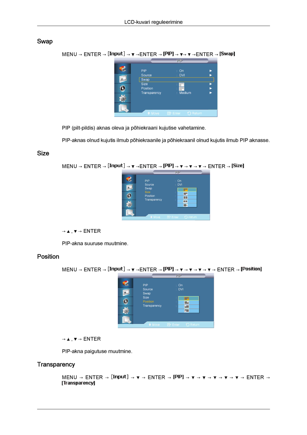 Samsung LH40BVTLBC/EN, LH46BVPLBF/EN manual Swap, Size, Position, Transparency 