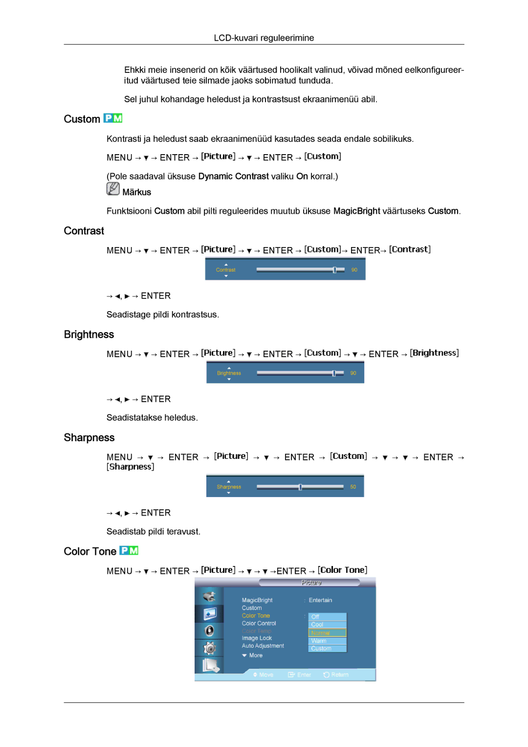 Samsung LH46BVPLBF/EN, LH40BVTLBC/EN manual Custom, Contrast, Brightness, Sharpness, Color Tone 