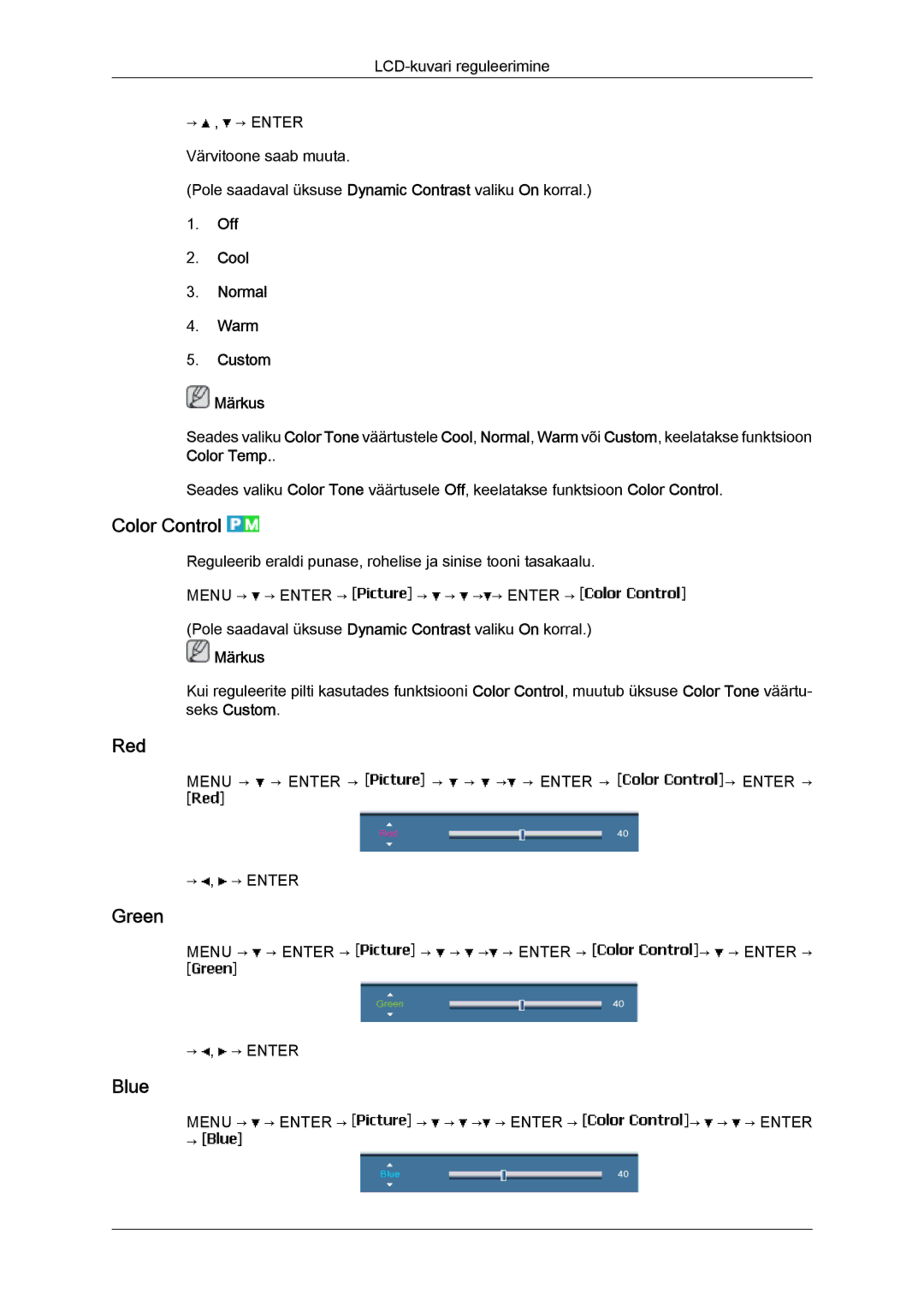 Samsung LH40BVTLBC/EN, LH46BVPLBF/EN manual Color Control, Red, Green, Blue, Off Cool Normal Warm Custom Märkus 