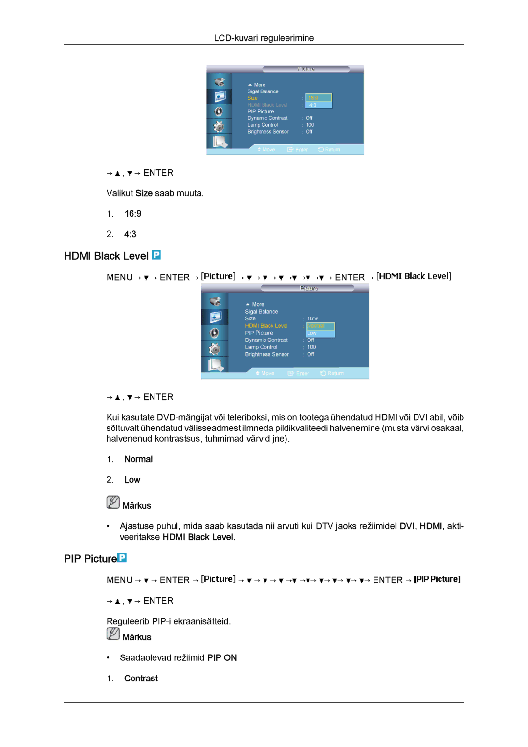 Samsung LH40BVTLBC/EN, LH46BVPLBF/EN manual Hdmi Black Level, PIP Picture, Normal Low Märkus, Contrast 