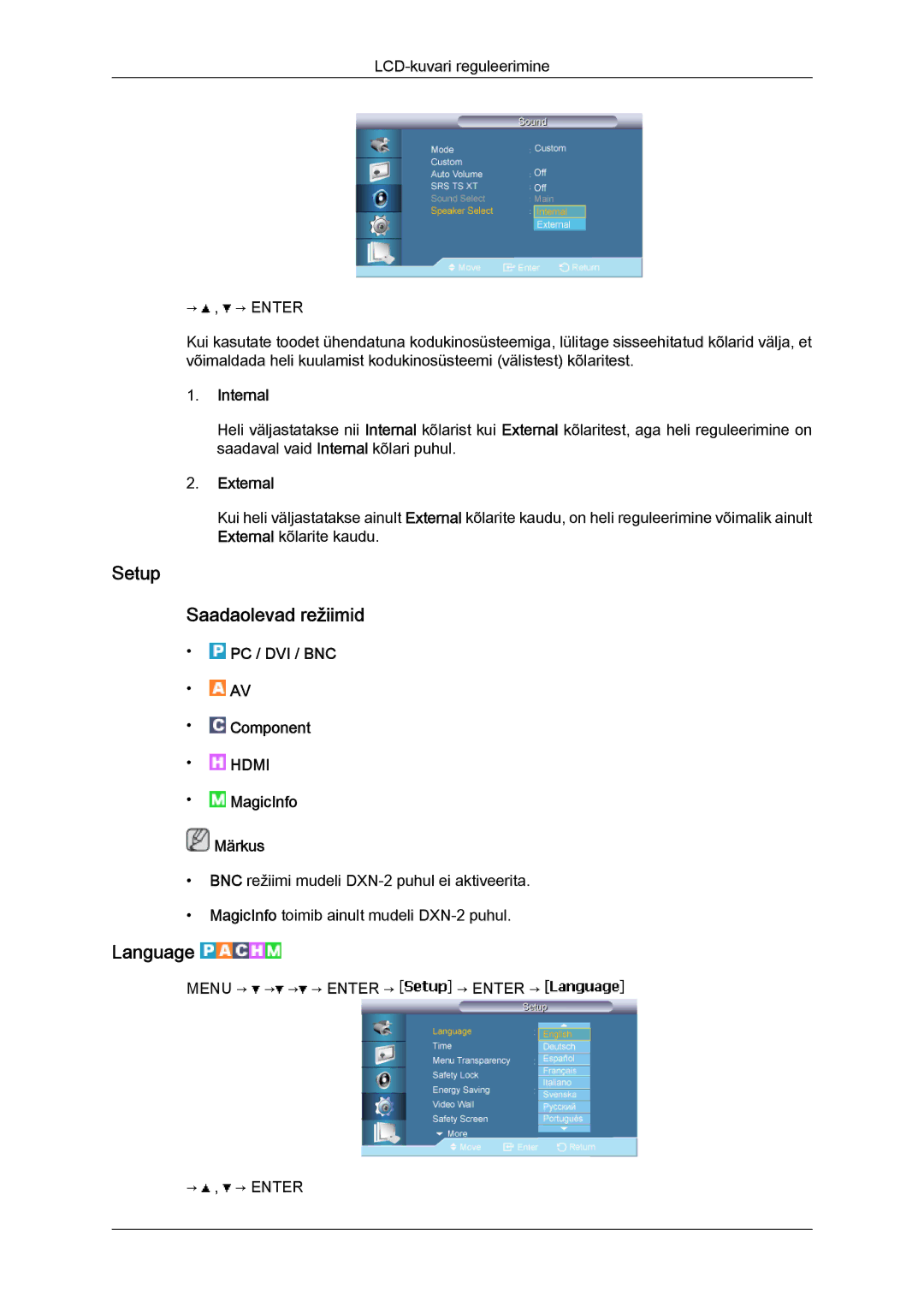 Samsung LH46BVPLBF/EN, LH40BVTLBC/EN manual Setup Saadaolevad režiimid, Language, Internal, External 