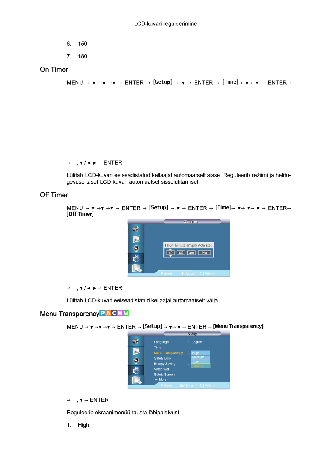 Samsung LH46BVPLBF/EN, LH40BVTLBC/EN manual On Timer, Off Timer, Menu Transparency, High 