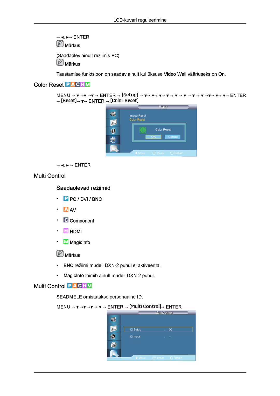 Samsung LH46BVPLBF/EN, LH40BVTLBC/EN manual Color Reset, Multi Control Saadaolevad režiimid 