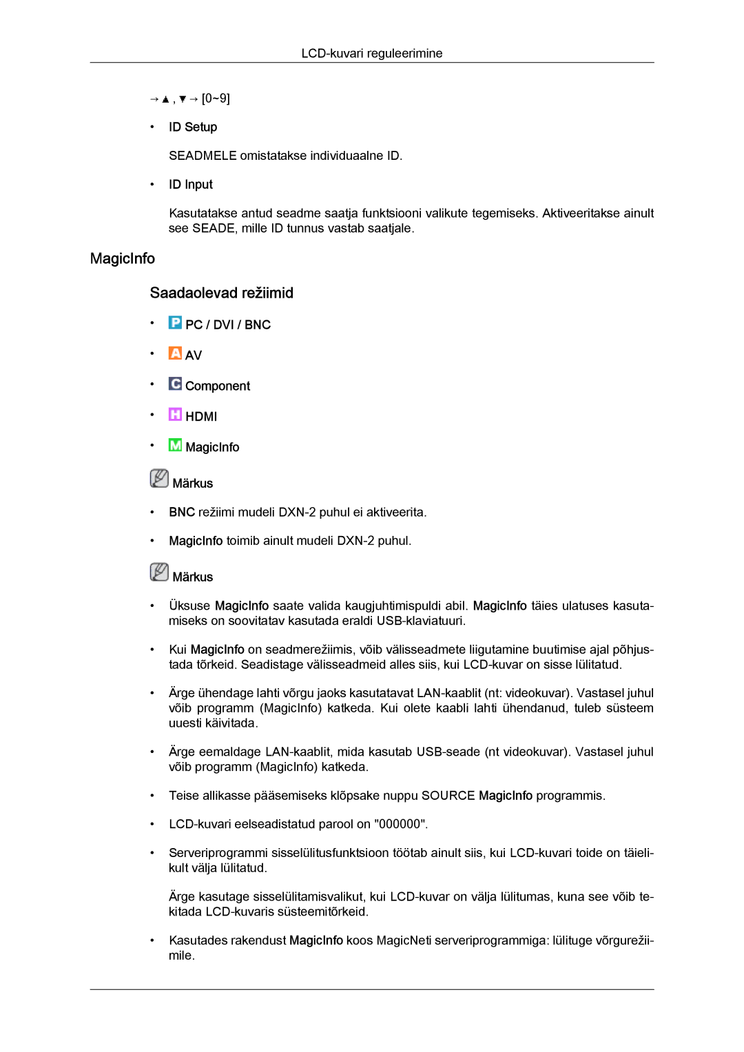 Samsung LH40BVTLBC/EN, LH46BVPLBF/EN manual MagicInfo Saadaolevad režiimid, ID Setup, ID Input 