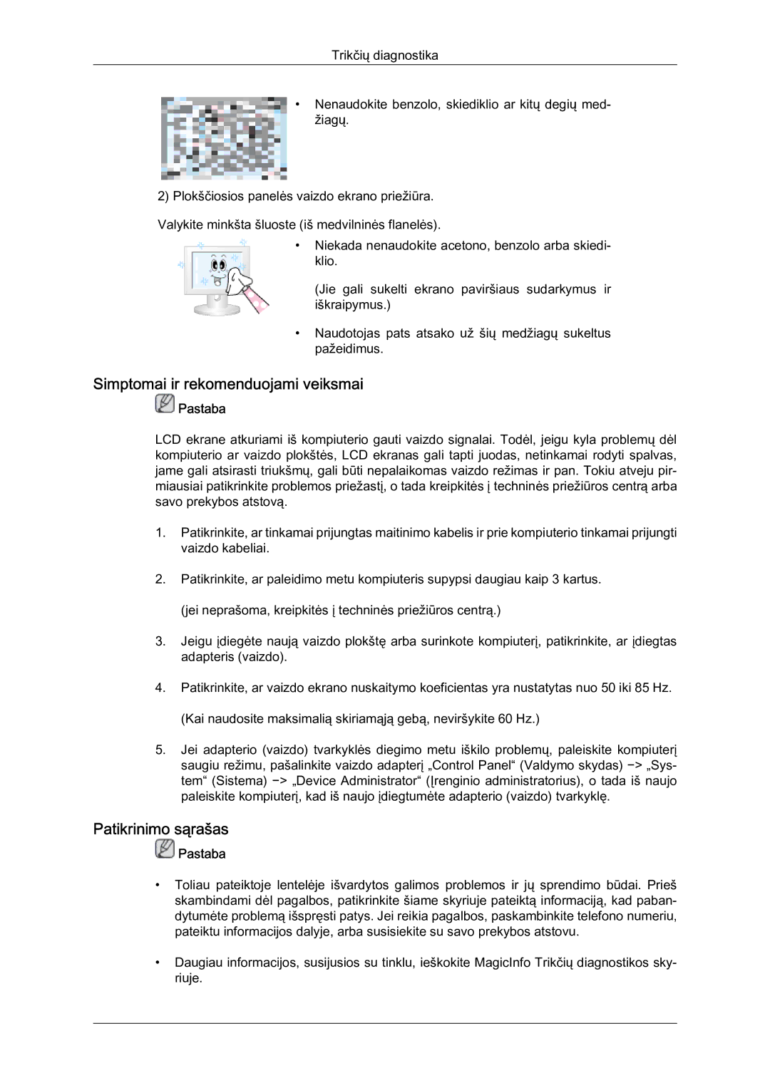 Samsung LH46BVPLBF/EN, LH40BVTLBC/EN manual Simptomai ir rekomenduojami veiksmai, Patikrinimo sąrašas 