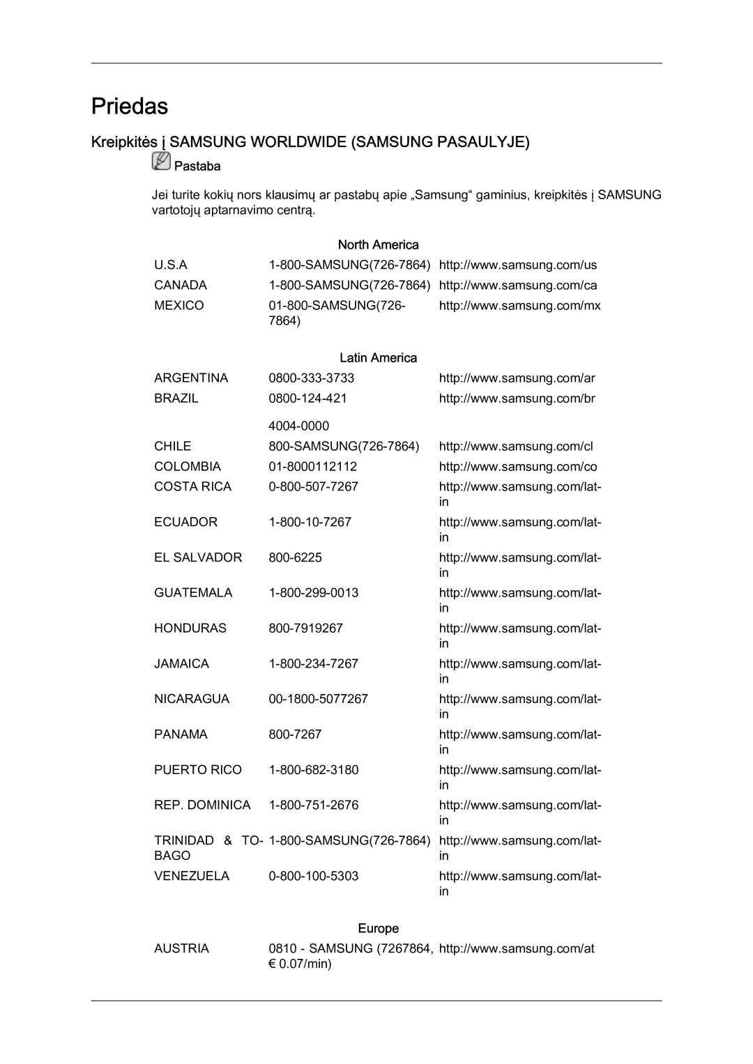 Samsung LH40BVTLBC/EN manual Kreipkitės į Samsung Worldwide Samsung Pasaulyje, North America, Latin America, Europe 