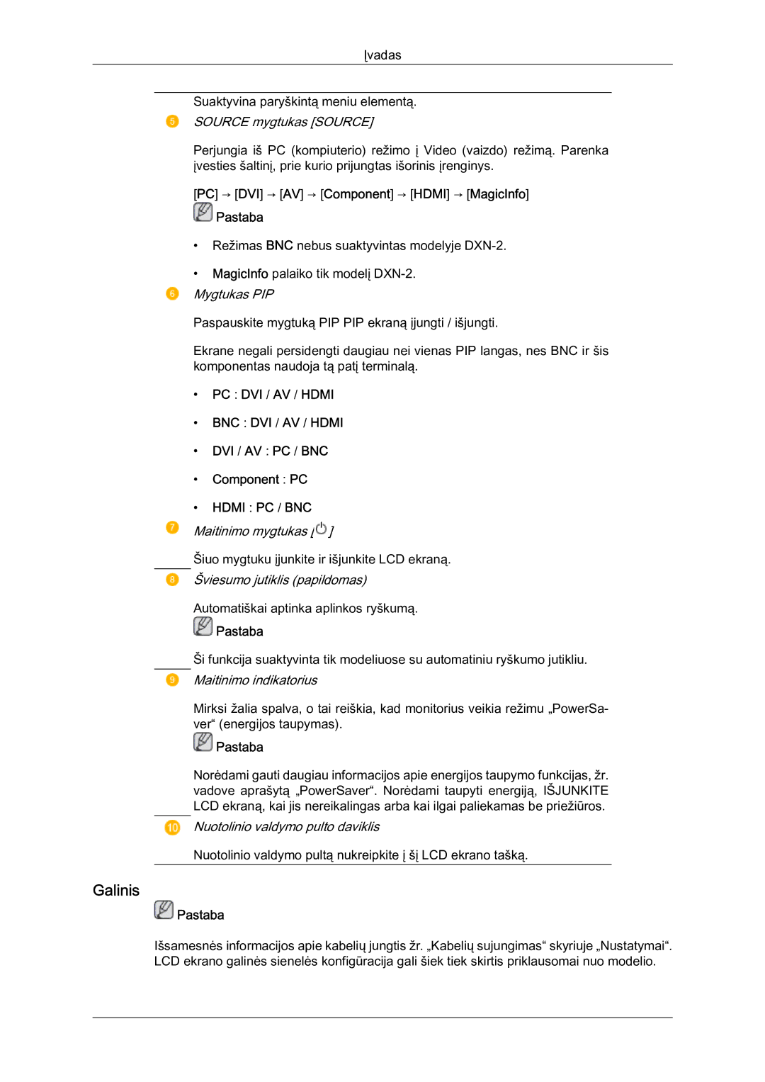 Samsung LH46BVPLBF/EN, LH40BVTLBC/EN Galinis, PC → DVI → AV → Component → Hdmi → MagicInfo Pastaba, PC DVI / AV / Hdmi 