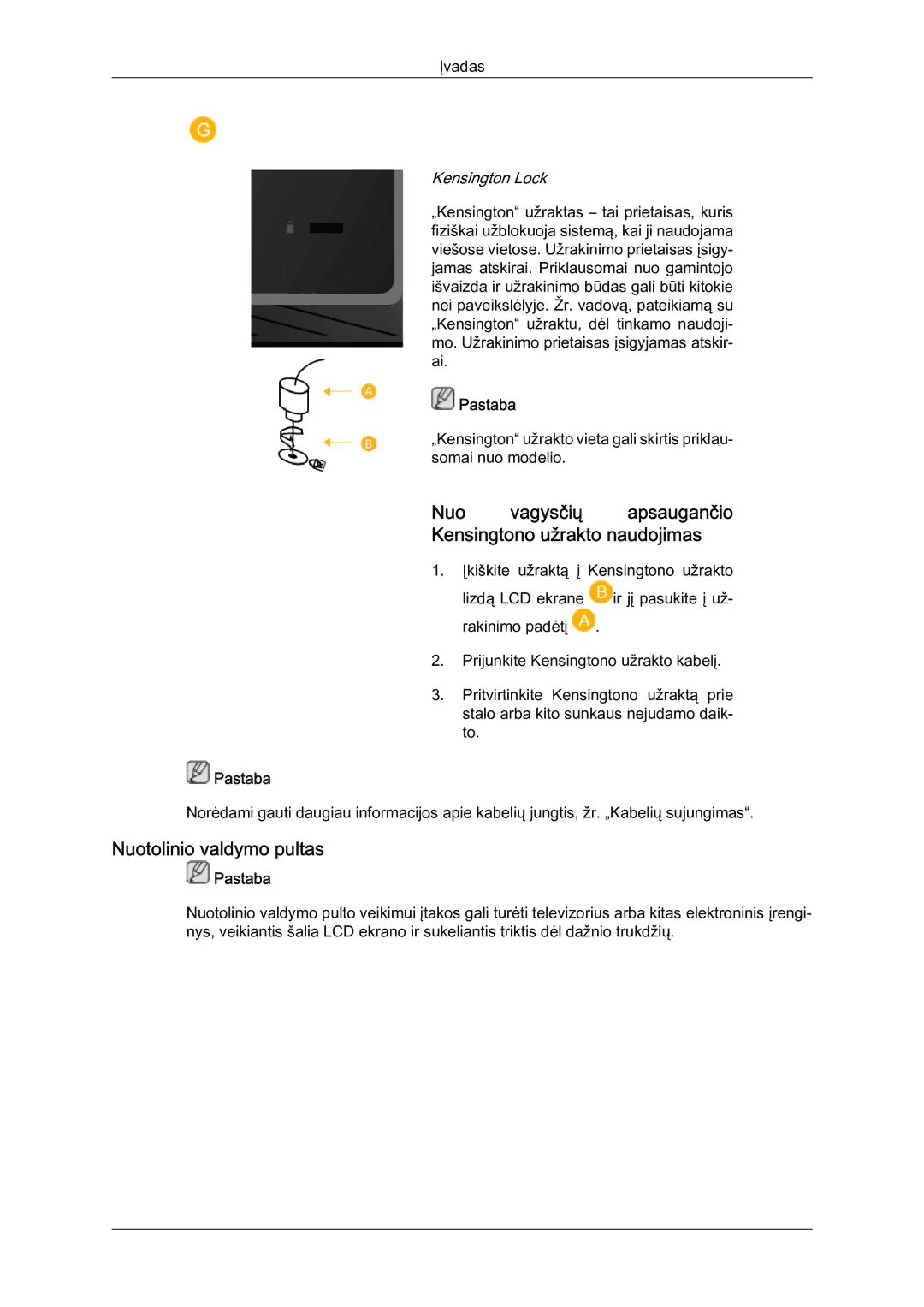 Samsung LH46BVPLBF/EN, LH40BVTLBC/EN Nuo vagysčių apsaugančio Kensingtono užrakto naudojimas, Nuotolinio valdymo pultas 