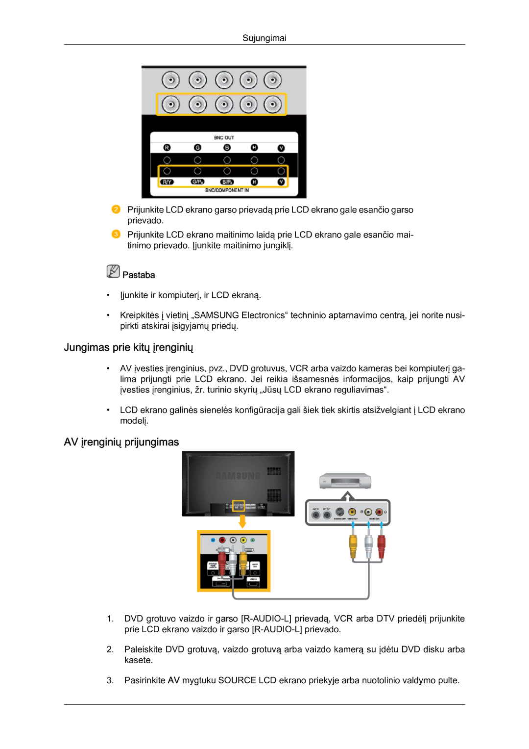 Samsung LH46BVPLBF/EN, LH40BVTLBC/EN manual Jungimas prie kitų įrenginių, AV įrenginių prijungimas 