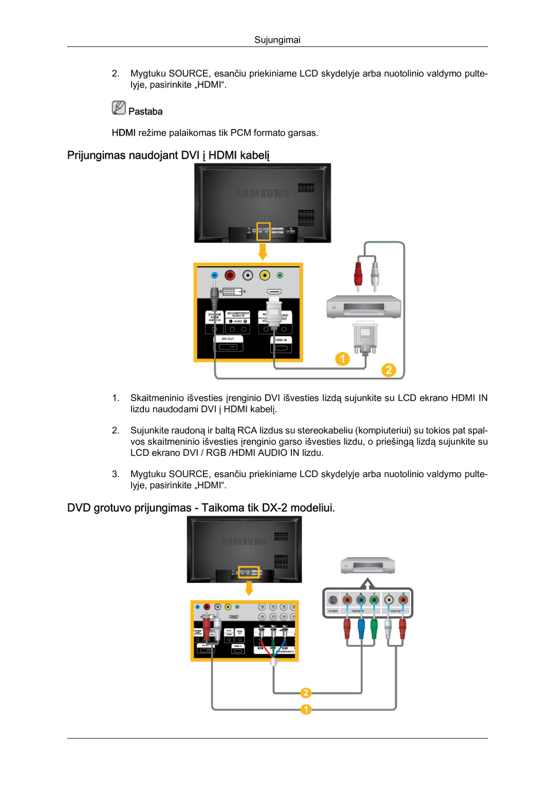 Samsung LH40BVTLBC/EN manual Prijungimas naudojant DVI į Hdmi kabelį, DVD grotuvo prijungimas ‐ Taikoma tik DX-2 modeliui 