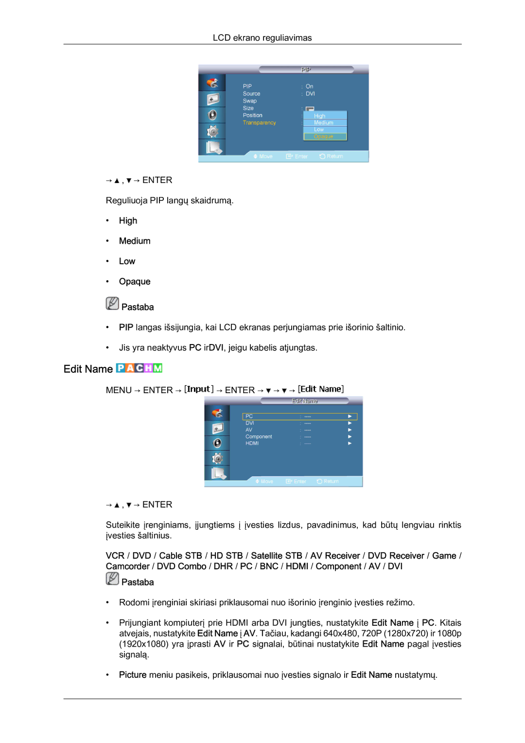 Samsung LH46BVPLBF/EN, LH40BVTLBC/EN manual Edit Name, High Medium Low Opaque Pastaba 