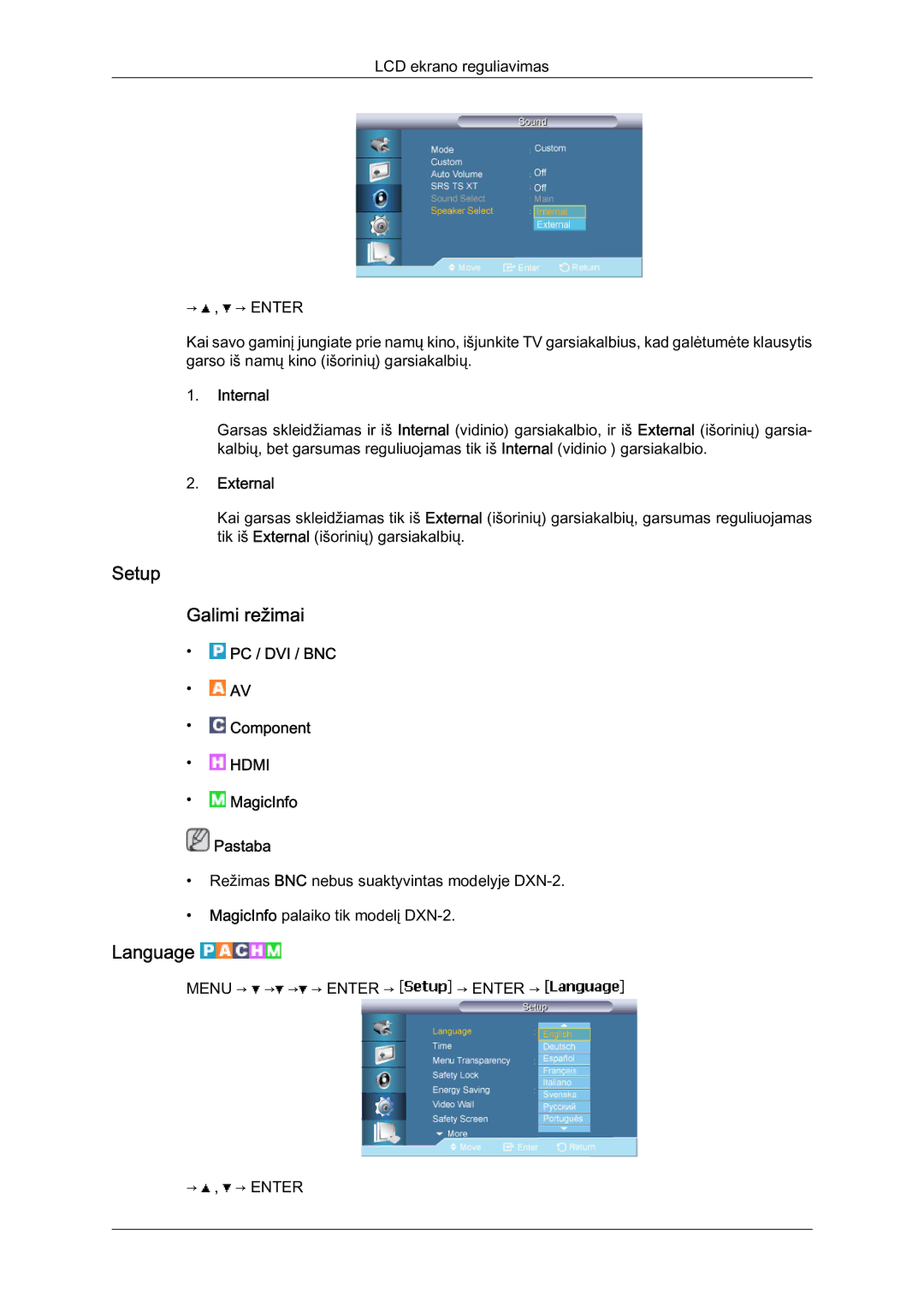 Samsung LH46BVPLBF/EN, LH40BVTLBC/EN manual Setup Galimi režimai, Language, Internal, External 