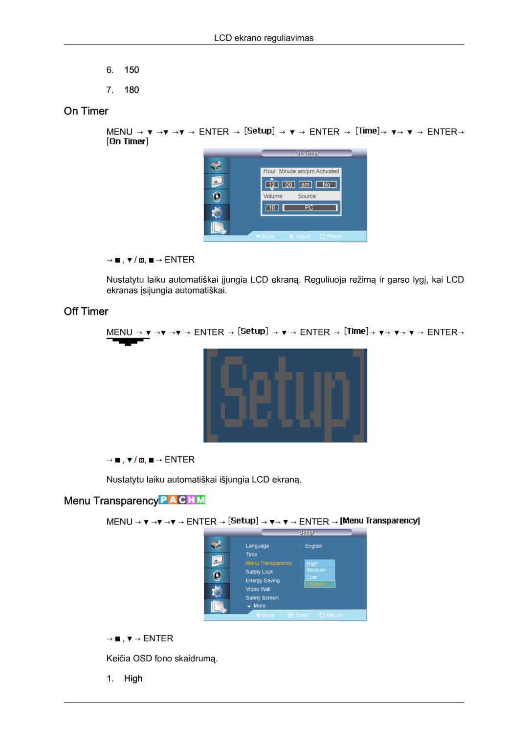 Samsung LH46BVPLBF/EN, LH40BVTLBC/EN manual On Timer, Off Timer, Menu Transparency, High 