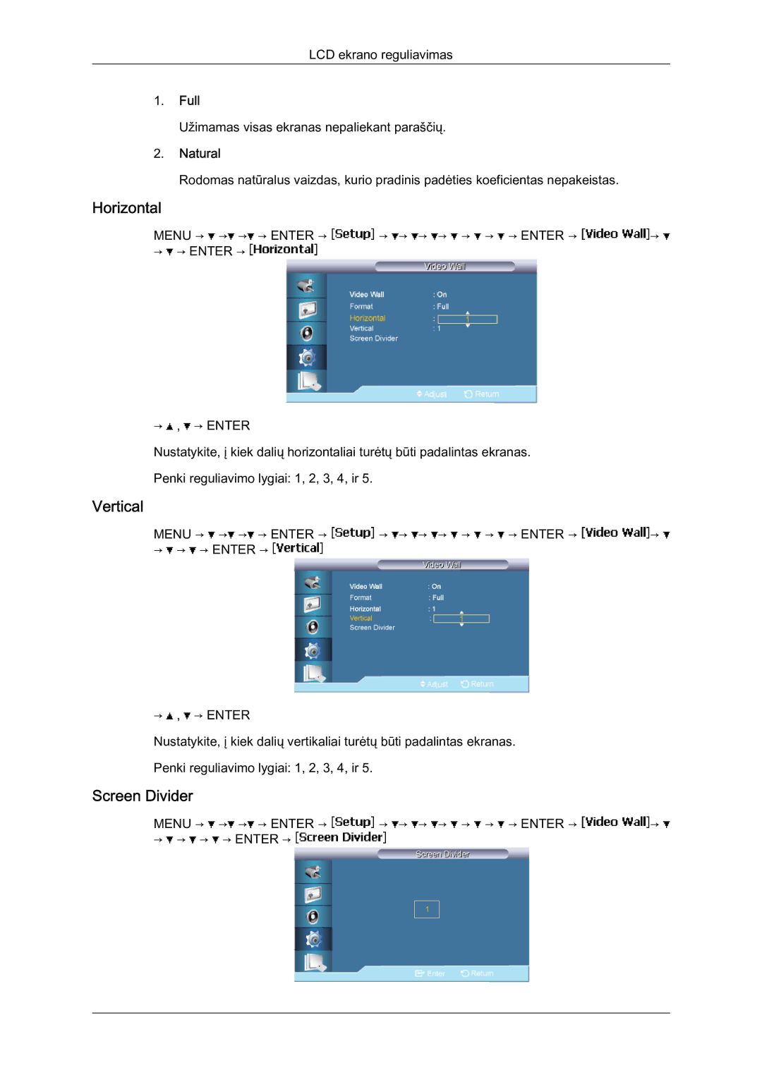 Samsung LH40BVTLBC/EN, LH46BVPLBF/EN manual Horizontal, Vertical, Screen Divider, Full, Natural 