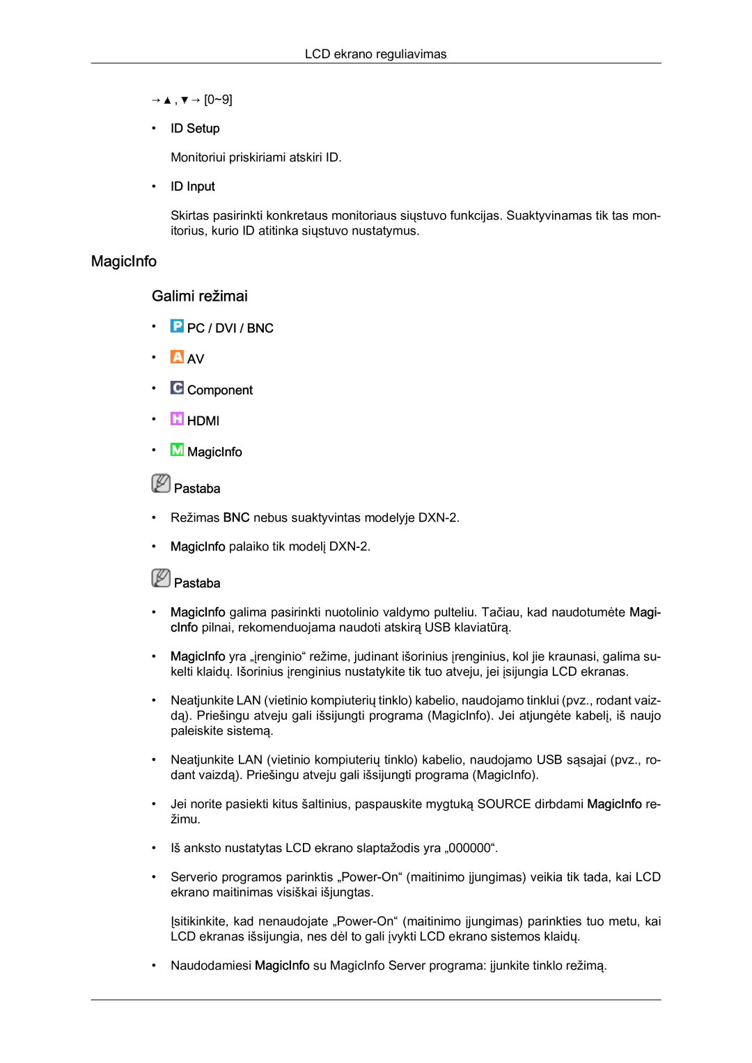 Samsung LH40BVTLBC/EN, LH46BVPLBF/EN manual MagicInfo Galimi režimai, ID Setup, ID Input 