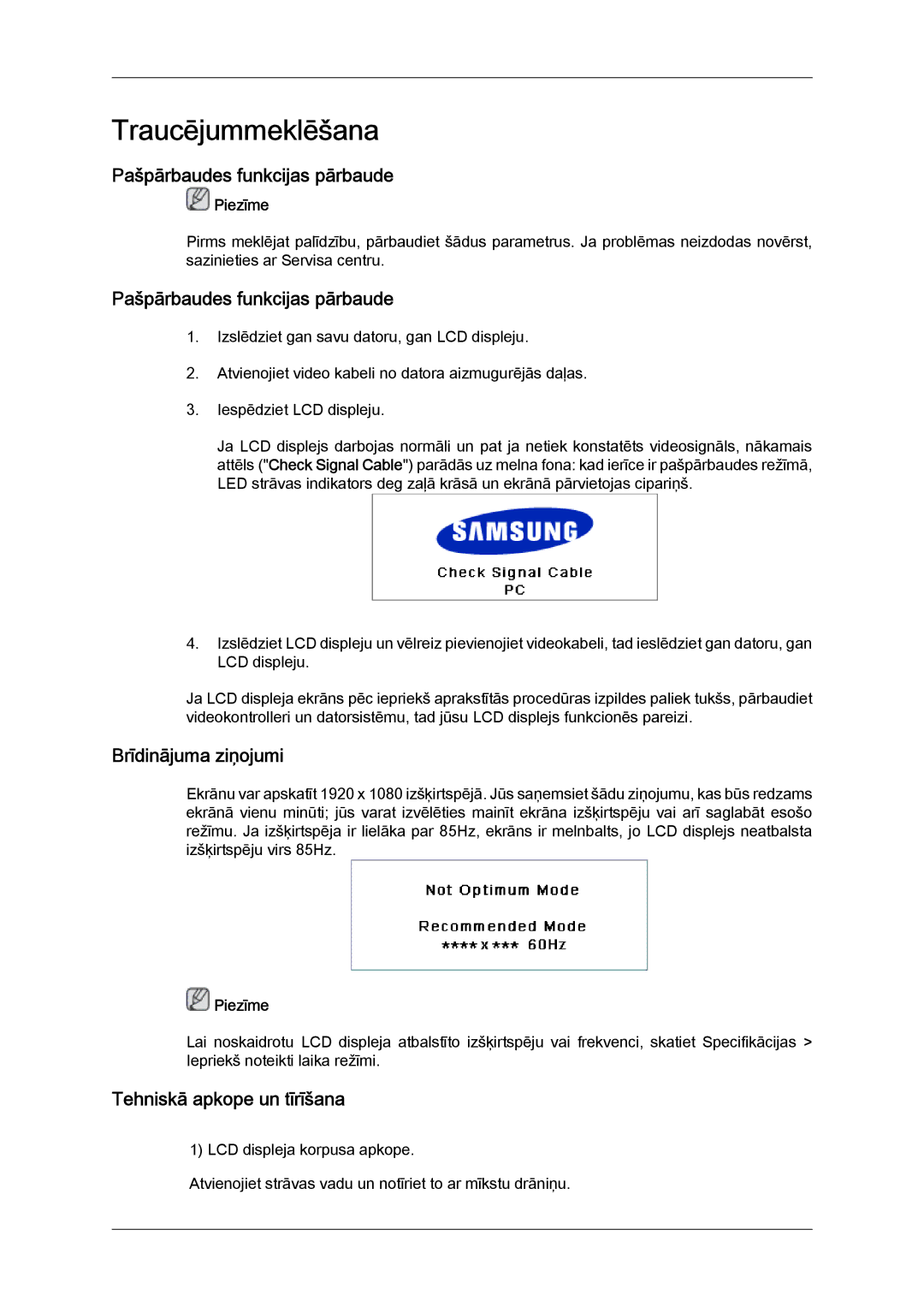 Samsung LH40BVTLBC/EN, LH46BVPLBF/EN Pašpārbaudes funkcijas pārbaude, Brīdinājuma ziņojumi, Tehniskā apkope un tīrīšana 