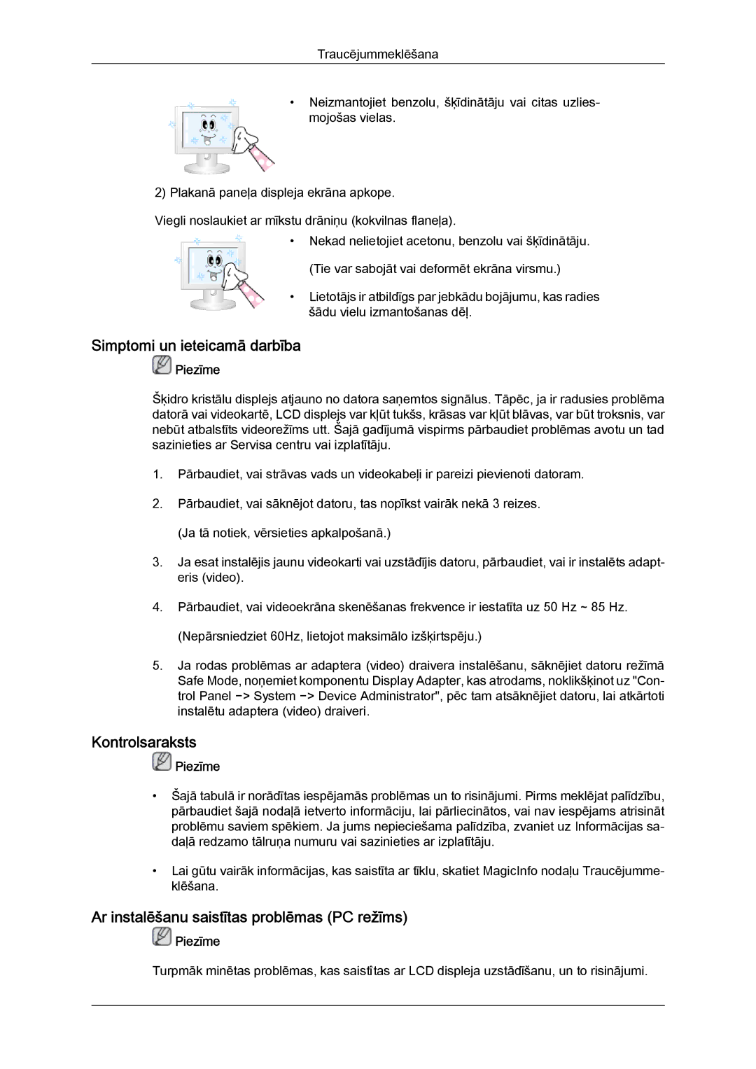 Samsung LH46BVPLBF/EN manual Simptomi un ieteicamā darbība, Kontrolsaraksts, Ar instalēšanu saistītas problēmas PC režīms 