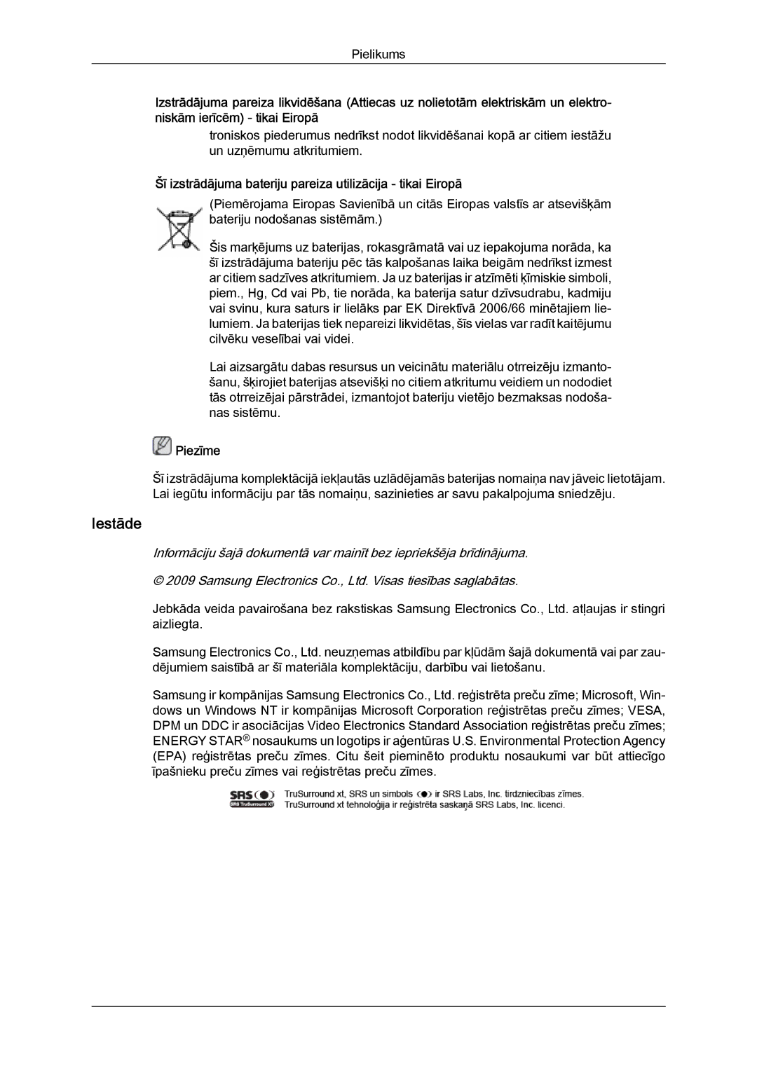 Samsung LH40BVTLBC/EN, LH46BVPLBF/EN manual Iestāde, Šī izstrādājuma bateriju pareiza utilizācija ‐ tikai Eiropā 