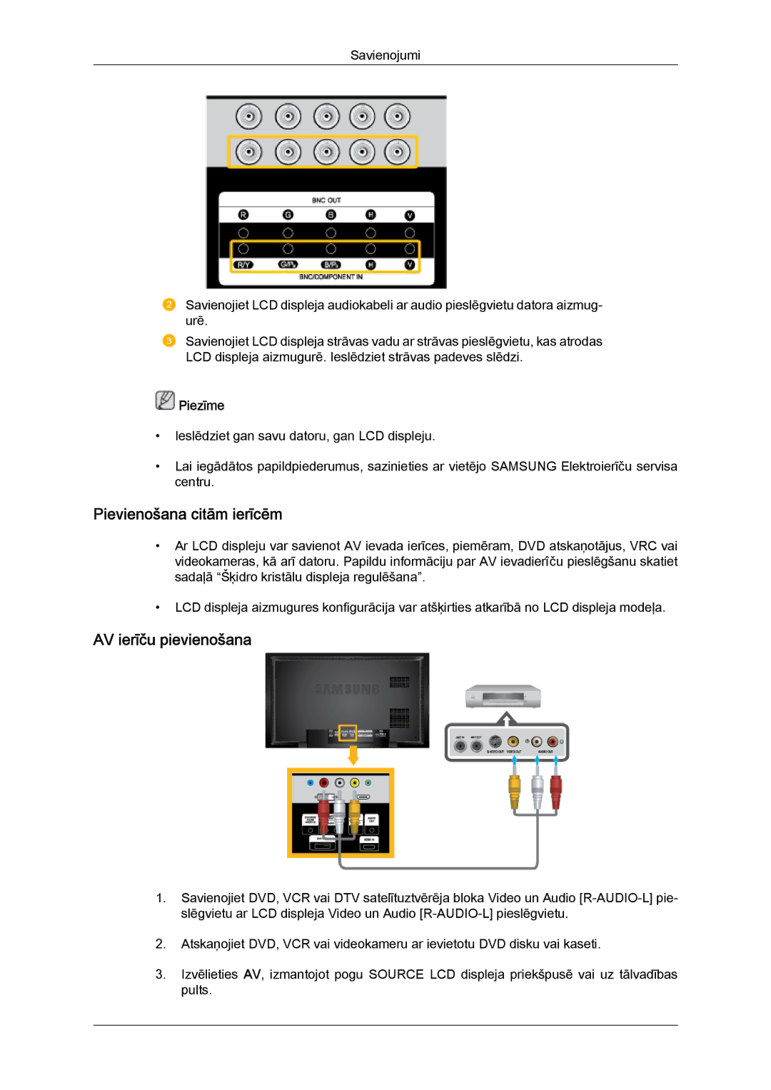 Samsung LH46BVPLBF/EN, LH40BVTLBC/EN manual Pievienošana citām ierīcēm, AV ierīču pievienošana 