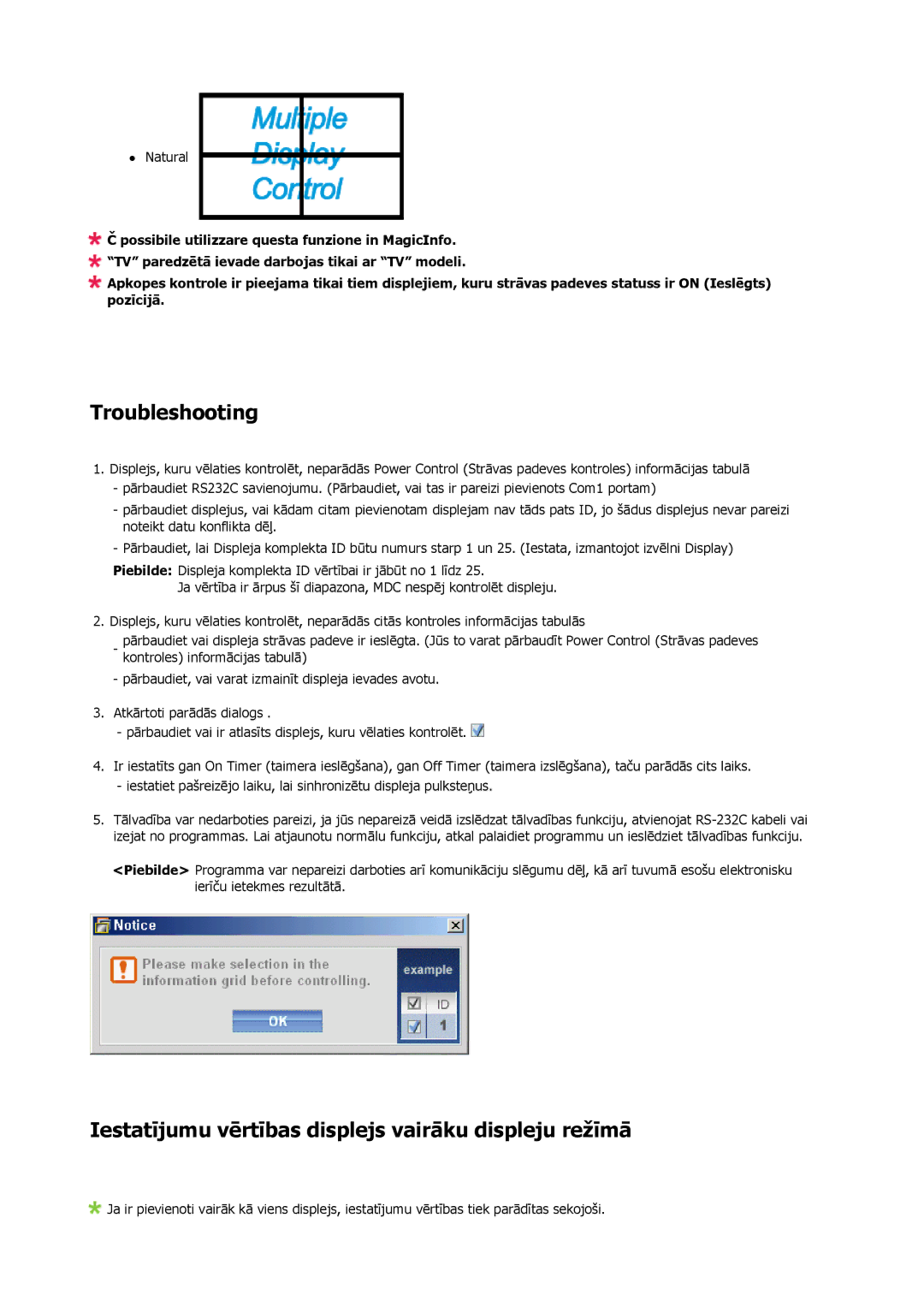 Samsung LH40BVTLBC/EN, LH46BVPLBF/EN manual Troubleshooting, Iestatījumu vērtības displejs vairāku displeju režīmā 