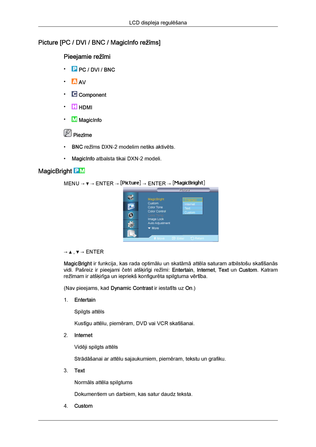 Samsung LH40BVTLBC/EN, LH46BVPLBF/EN manual Picture PC / DVI / BNC / MagicInfo režīms Pieejamie režīmi, MagicBright 