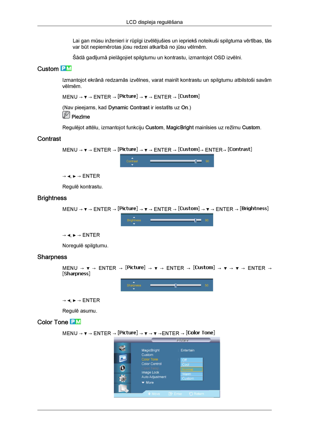 Samsung LH46BVPLBF/EN, LH40BVTLBC/EN manual Custom, Contrast, Brightness, Sharpness, Color Tone 