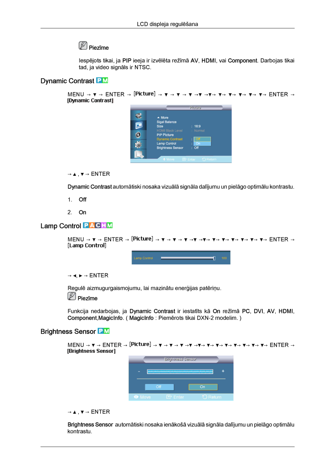 Samsung LH40BVTLBC/EN, LH46BVPLBF/EN manual Dynamic Contrast, Lamp Control, Brightness Sensor 