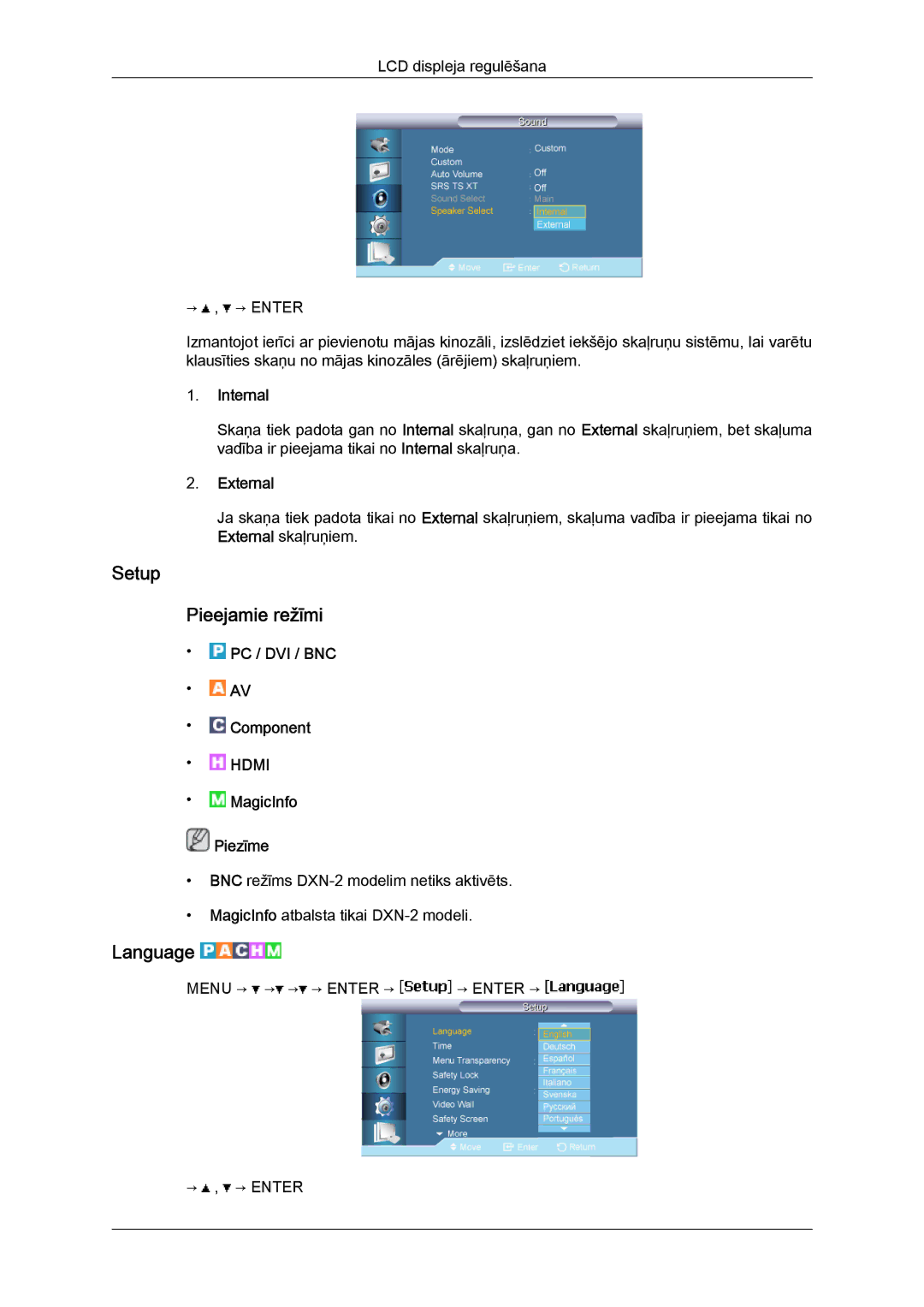 Samsung LH46BVPLBF/EN, LH40BVTLBC/EN manual Setup Pieejamie režīmi, Language, Internal, External 