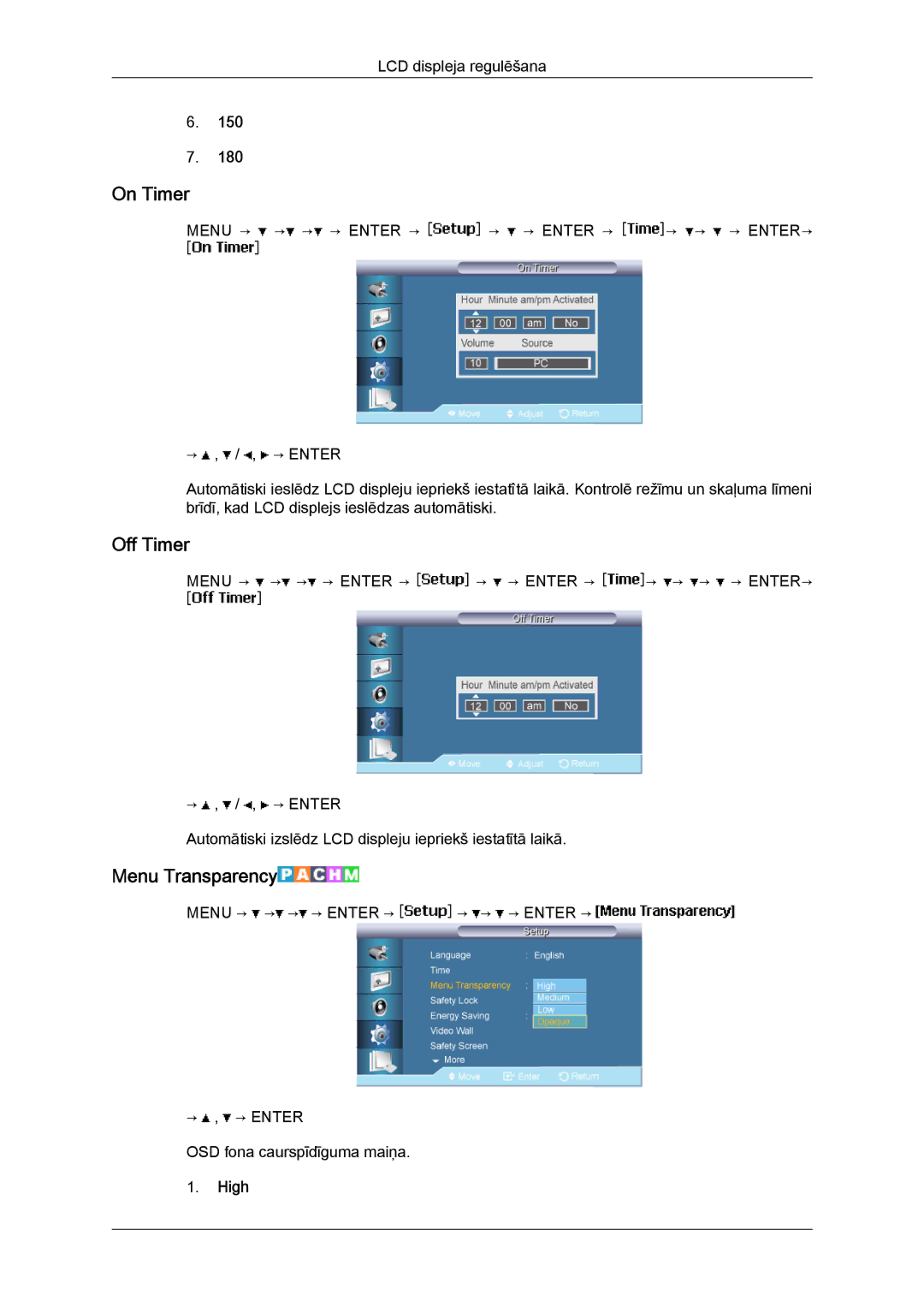 Samsung LH46BVPLBF/EN, LH40BVTLBC/EN manual On Timer, Off Timer, Menu Transparency, High 