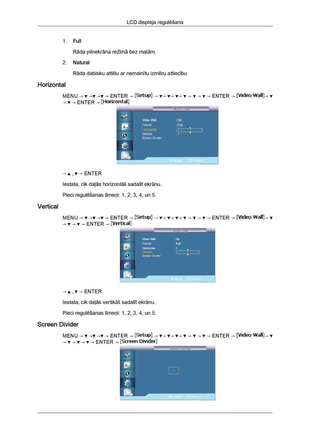 Samsung LH40BVTLBC/EN, LH46BVPLBF/EN manual Horizontal, Vertical, Screen Divider, Full, Natural 
