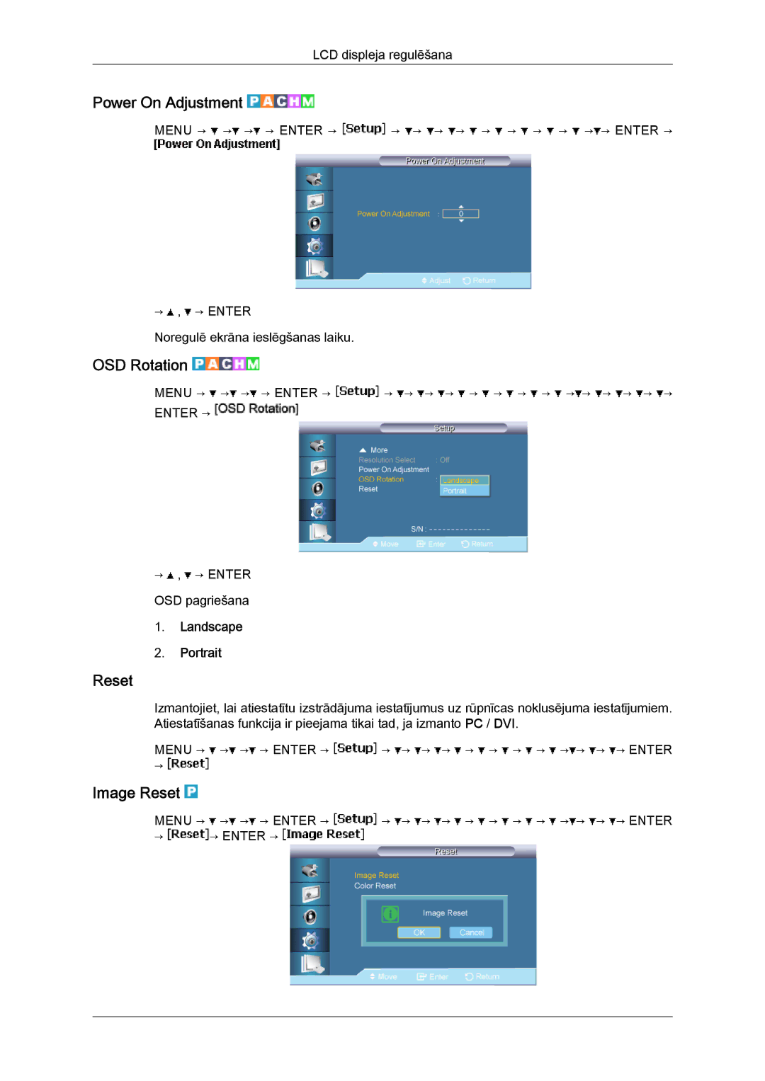 Samsung LH40BVTLBC/EN, LH46BVPLBF/EN manual Power On Adjustment, OSD Rotation, Image Reset, Landscape Portrait 