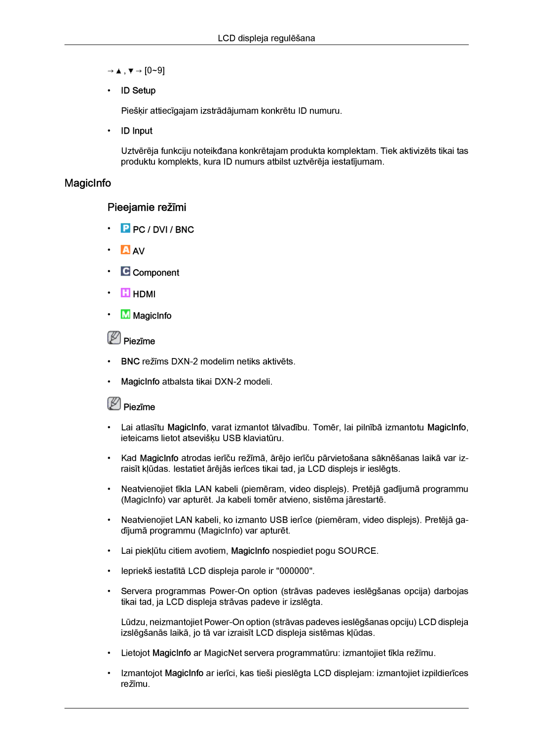 Samsung LH40BVTLBC/EN, LH46BVPLBF/EN manual MagicInfo Pieejamie režīmi, ID Setup, ID Input 