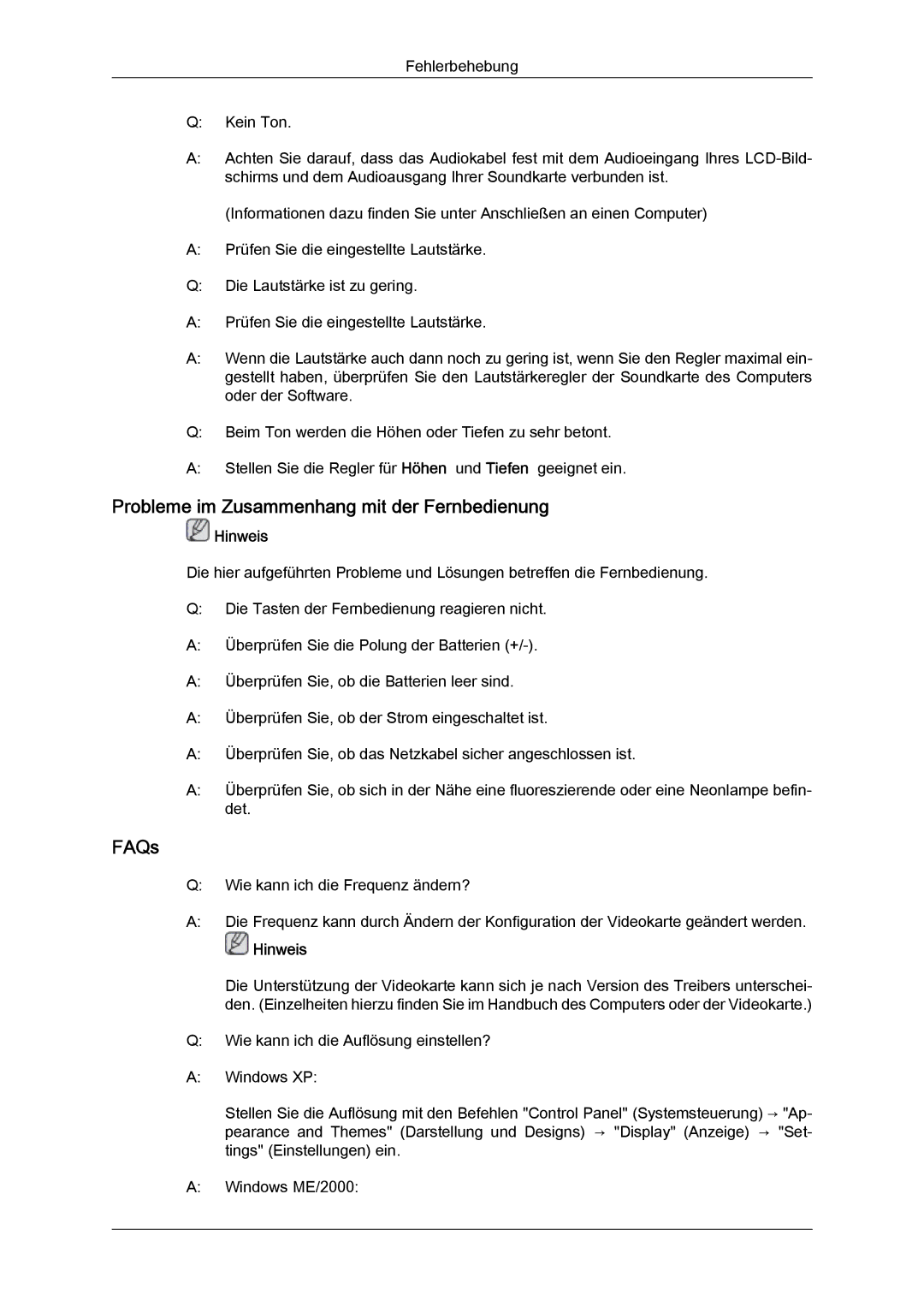 Samsung LH40BVPLBF/EN, LH46BVTMBC/EN, LH46BVPLBF/EN, LH40BVTLBC/EN manual Probleme im Zusammenhang mit der Fernbedienung, FAQs 