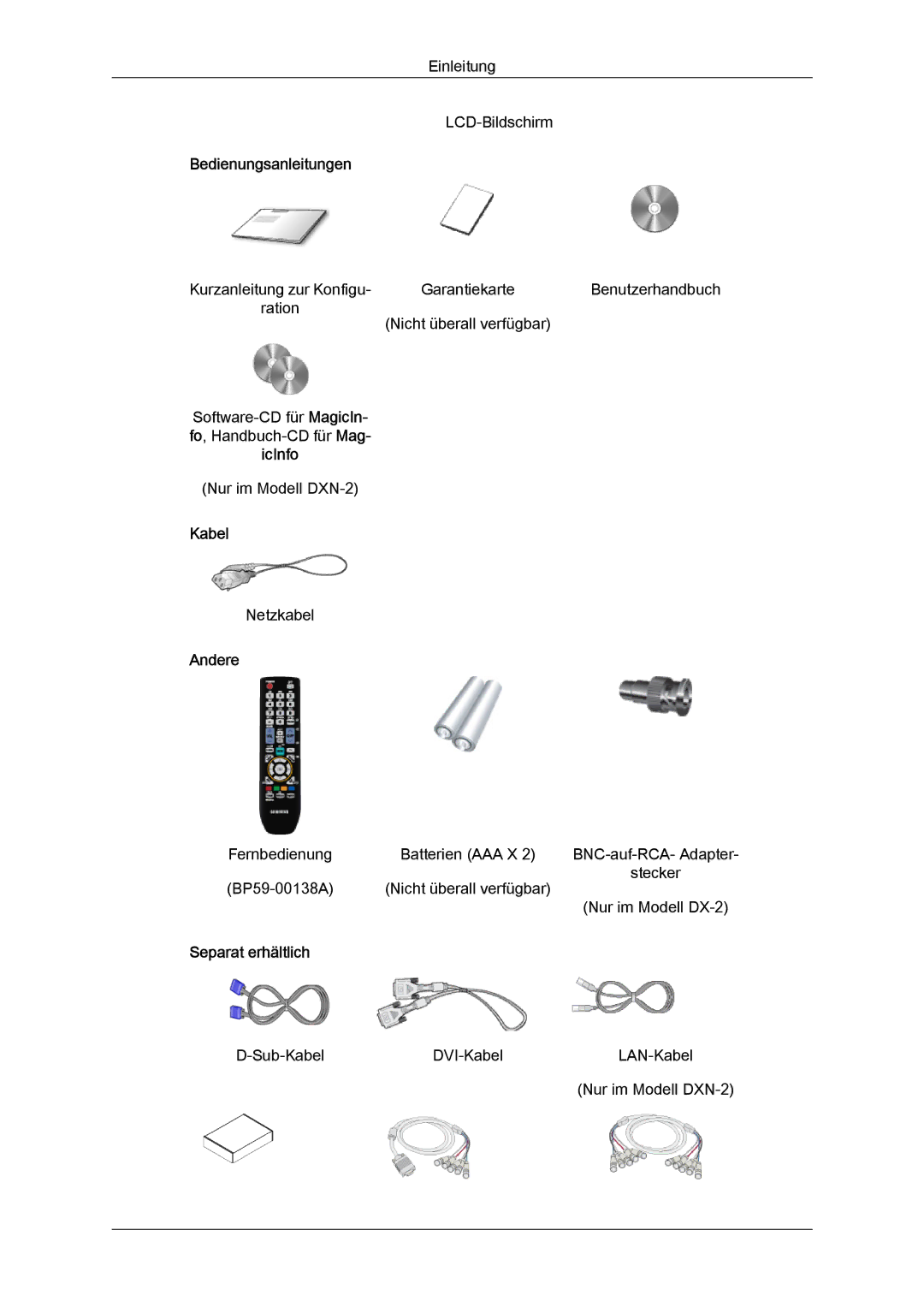 Samsung LH46BVPLBF/EN, LH46BVTMBC/EN, LH40BVTLBC/EN, LH40BVPLBF/EN Bedienungsanleitungen, Kabel, Andere, Separat erhältlich 