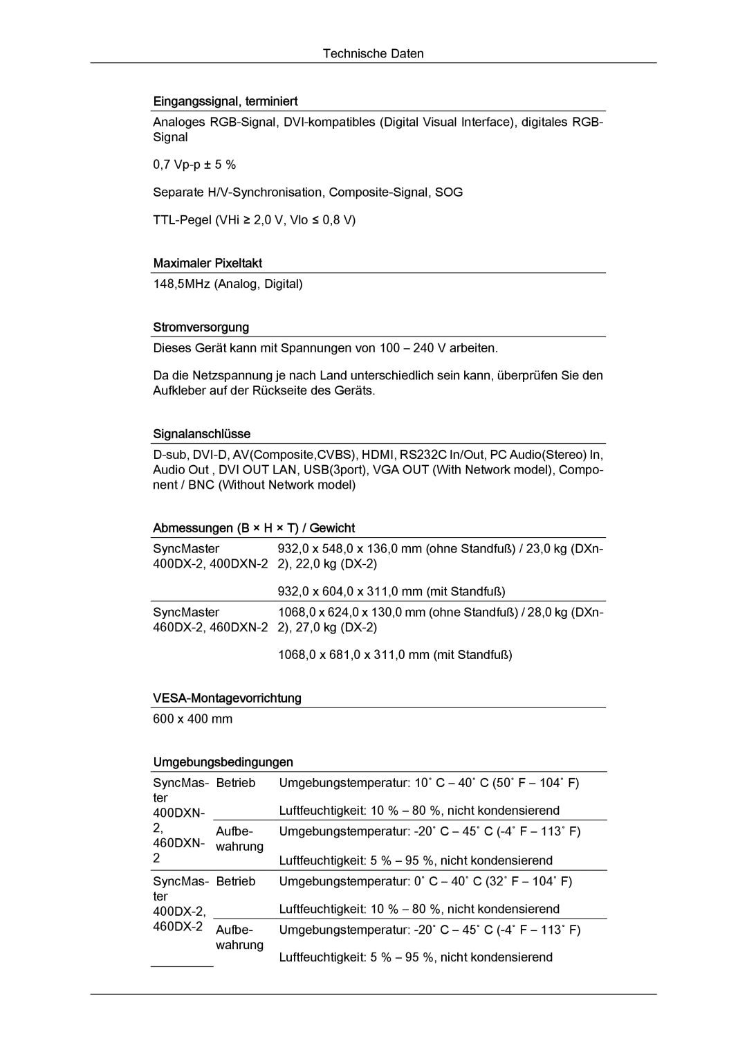 Samsung LH46BVPLBF/EN, LH46BVTMBC/EN Eingangssignal, terminiert, Maximaler Pixeltakt, Stromversorgung, Signalanschlüsse 