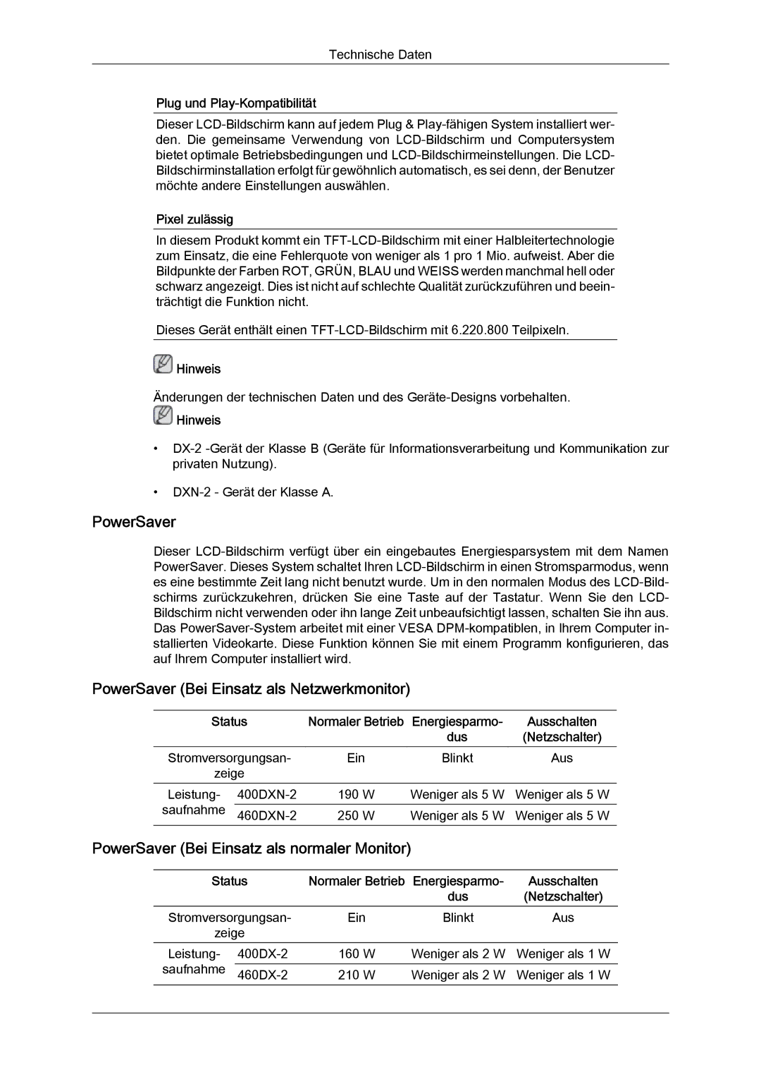 Samsung LH40BVTLBC/EN manual PowerSaver Bei Einsatz als Netzwerkmonitor, PowerSaver Bei Einsatz als normaler Monitor 