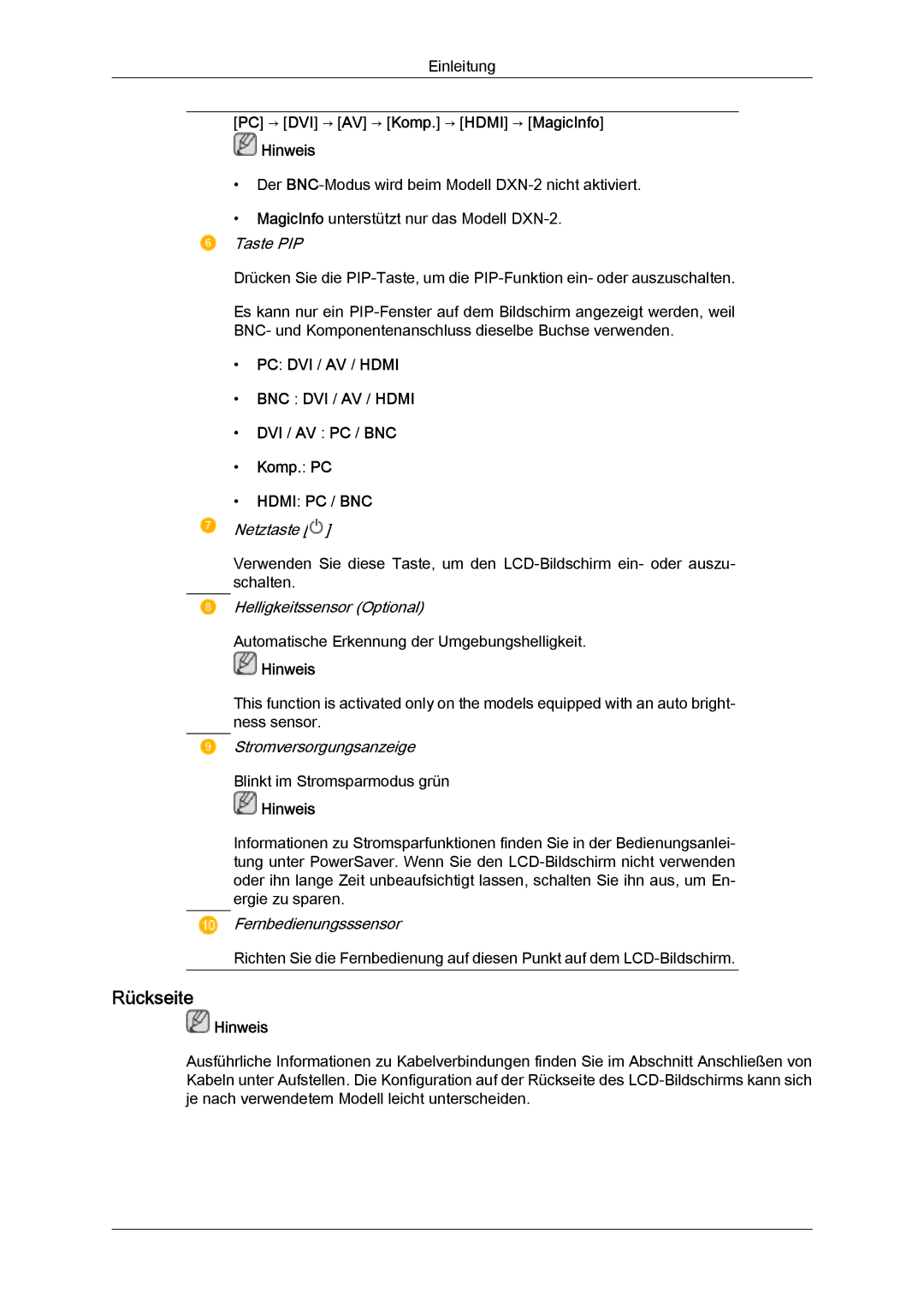 Samsung LH40BVPLBF/EN, LH46BVTMBC/EN, LH46BVPLBF/EN, LH40BVTLBC/EN, LH46BVTLBC/EN manual Rückseite, DVI / AV PC / BNC Komp. PC 